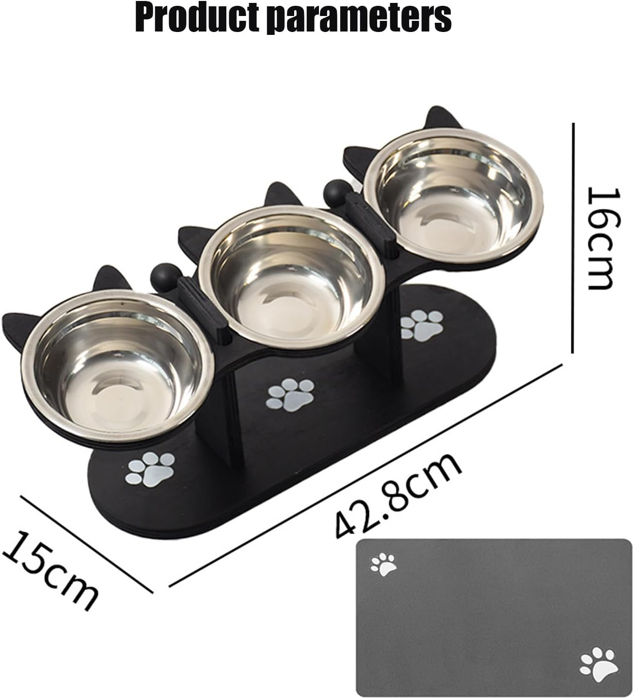 Elevated Cat Bowls - 3 Stainless Steel Elevated Cat Food Dishes with Stand 15&deg; Swivel and a Placemat (Black) image number 5