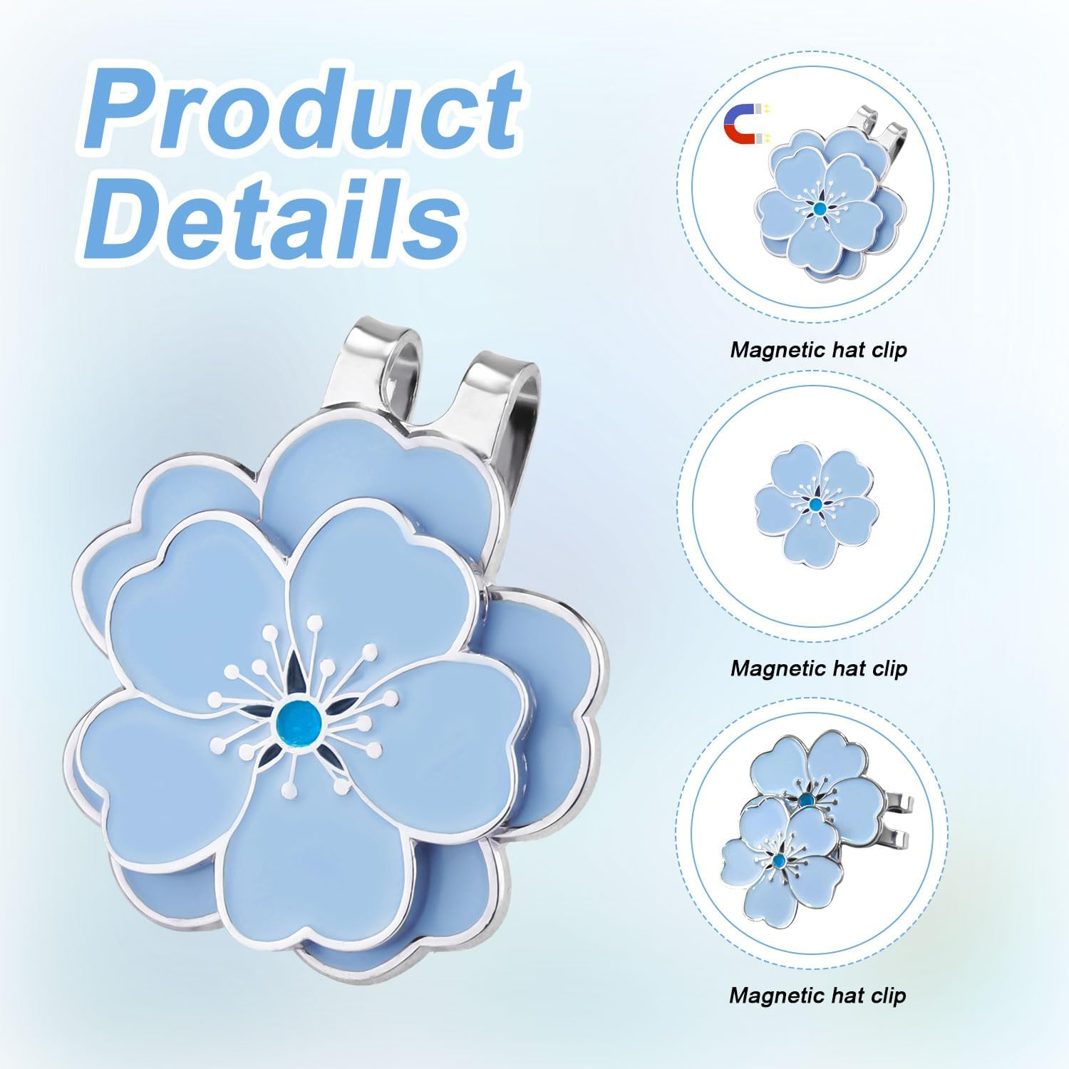 Magnetic Golf Ball Marker with Golf Hat Clip, Flower Shape Golf Ball Marker Set Golf Bag Decoration Accessories for Golf Bag Hat Women Men (Blue) image number 3