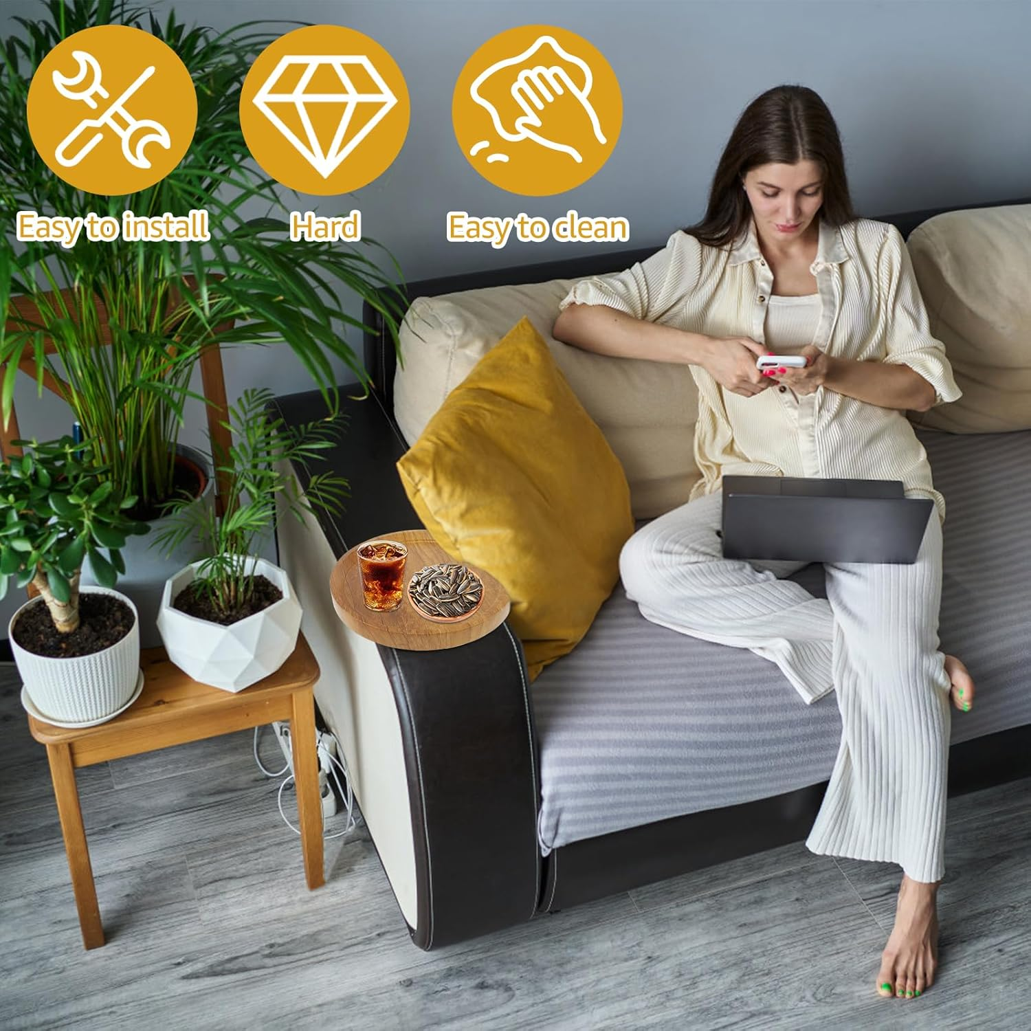 Rdjeokf Couch Arm Tray, Wooden Sofa Armrest Tray, for Wide Couches Arm, Adjustable Holder Width Cleanable Sofa Armrest Tray for Home, Armrest Table for Eating/Drinks/Snacks/Remote (Burlywood) - Burlywood image number 4