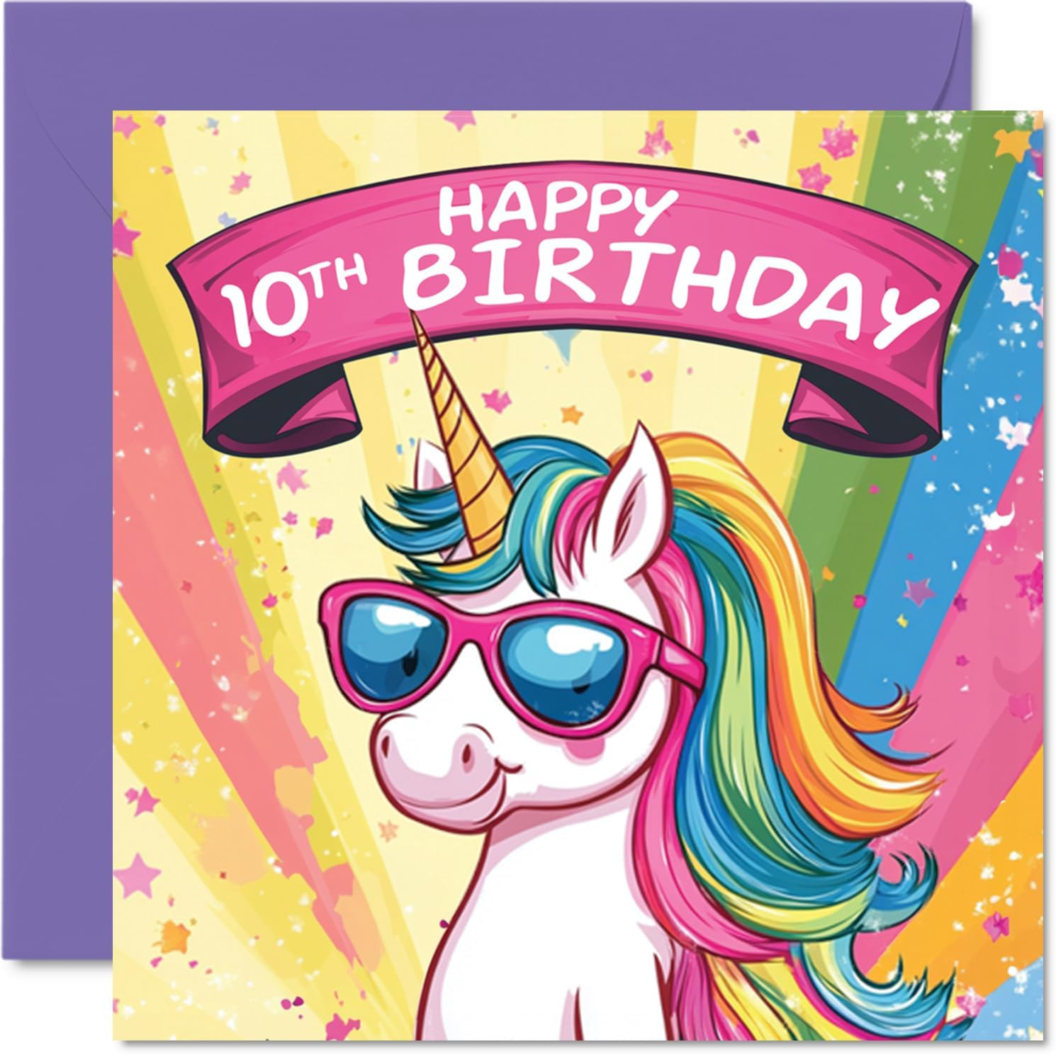 10Th Birthday Card Girls - Cool Unicorn Sunglasses - Unicorn Birthday Card for 10 Year Old Girl, Age 10 Birthday Cards Tenth Birthday Card, 145Mm X 145Mm Cute Greeting Card
