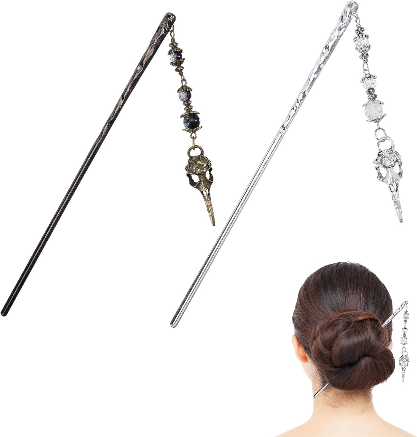 CHGCRAFT 2Pcs 2 Colors Bird Skull Hairpin Alloy Glass Hair Sticks Accessories Hair Sticks Buns for Woman, Silver and Golden, 10.6Inch image number 6