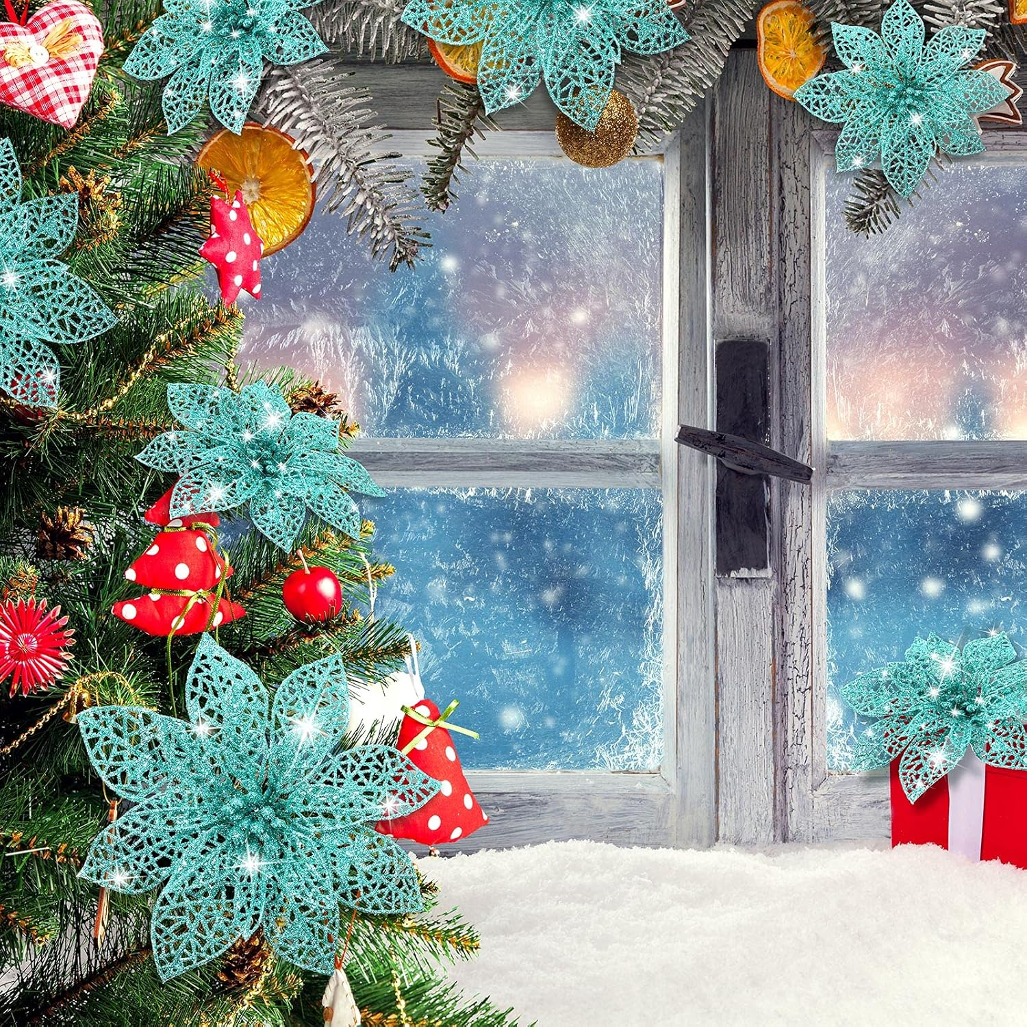 WILLBOND 36 Pieces Christmas Poinsettia Flowers Artificial Ornaments Glitter Christmas Decorations Tree Wedding New Year(Blue-Green) image number 6