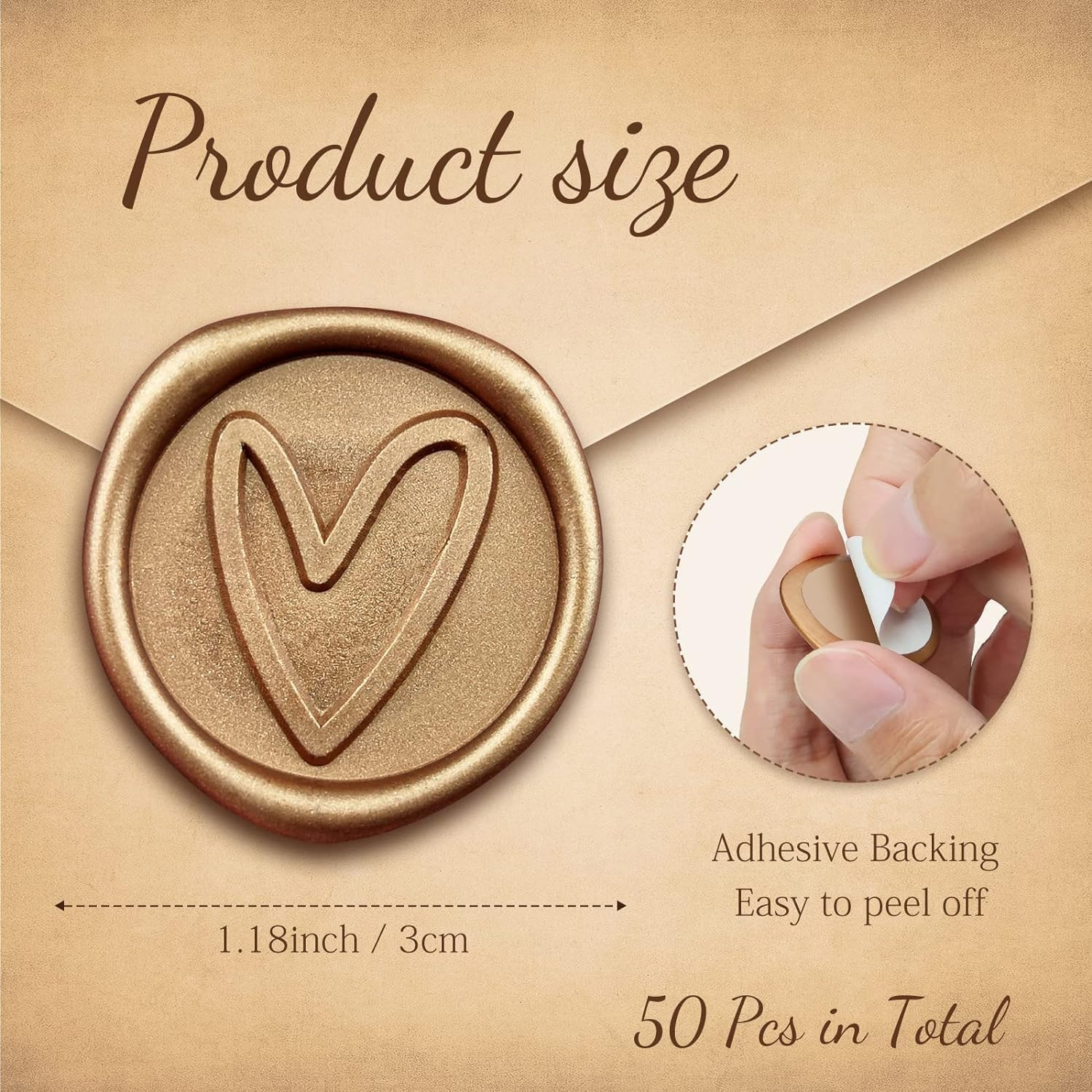 50 Pcs Gold Heart Wax Seal Stickers, Envelope Seals Self Adhesive for Wedding Party Birthday Christmas image number 1