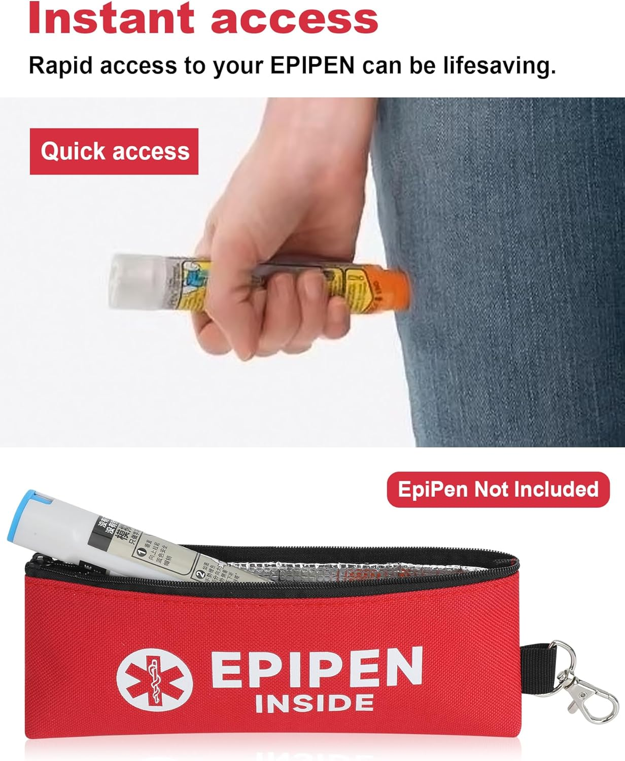 YOUSHARES 2Pack Epipen Carry Case for 2 Epipens Insulated, Portable Epipen Holder Bag with Carabiner, Waterproof Travel Epipen Case for Allergies, Asthma, Sports & Outdoor Emergencies(Red) image number 2