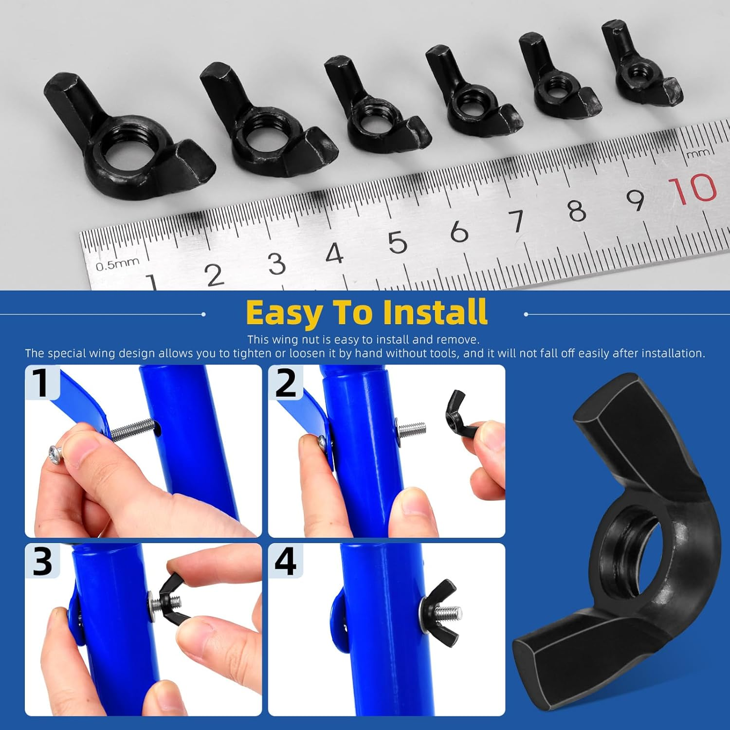 Glarks 125Pcs 6 Sizes Black Wing Nuts Assortment Kit, 3/8&rsquo;&rsquo;-16, 5/16&rsquo;&rsquo;-18, 1/4&rsquo;&rsquo;-20, #10-24, #8-32, #6-32 High Strength Carbon Steel Butterfly Nuts, Wing Bolt Fasteners image number 4