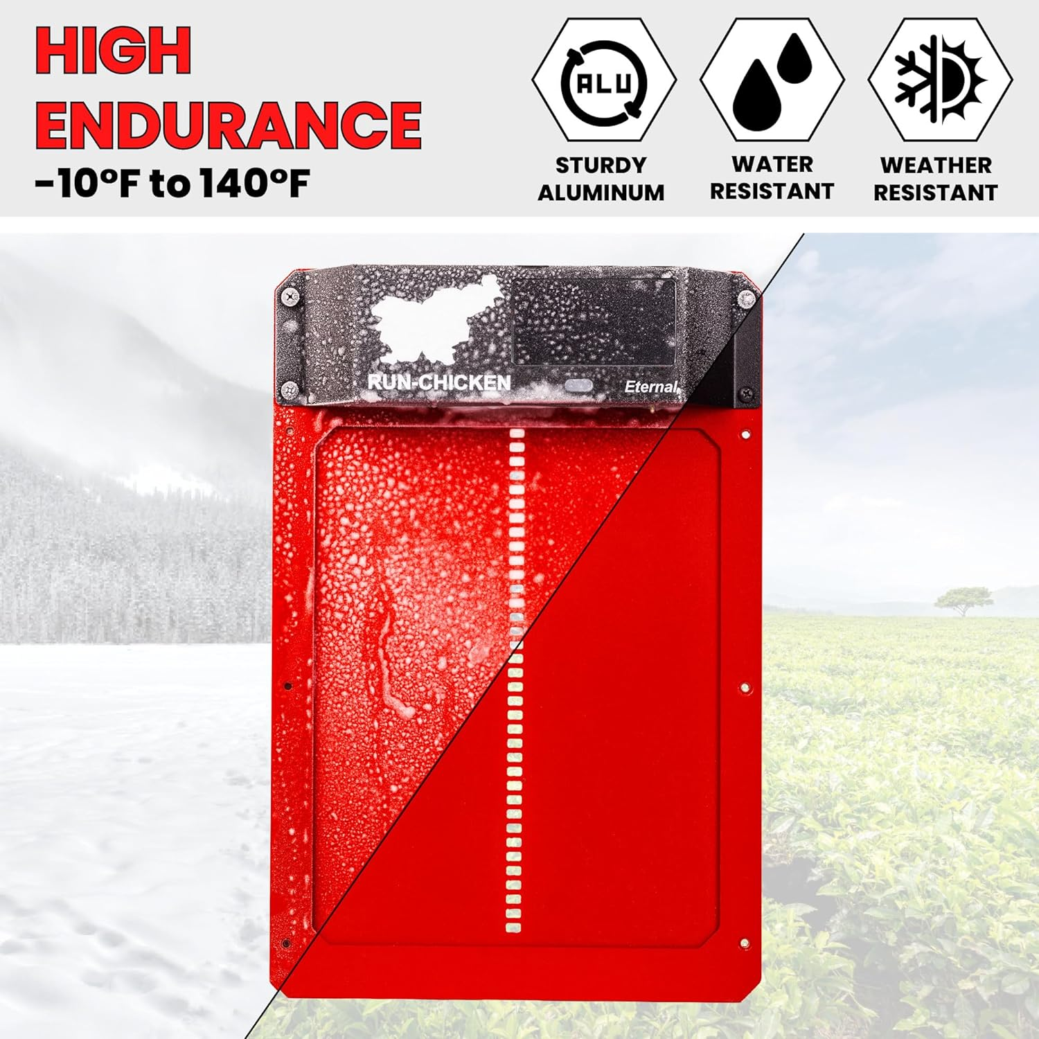 Run-Chicken Door (Red) Solar Chicken Coop Door, Battery Powered Automatic Chicken Coop Door, Programmable Electric Chicken Door with Timer, Light Sensor, Solar Powered, Model Eternal