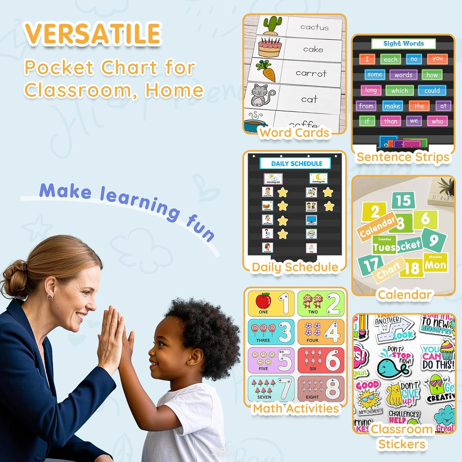 Standard Pocket Chart for Classroom 28"X28" Large 7 Pocket Charts with Card Storage Bag Sentence Strip Holder for Word Wall, Sight Words, Cards, Calendar, Daily Visual Schedule (Black) image number 4