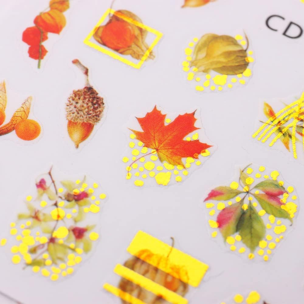 8 Sheets Nail Stickers Autumn Leaves Nail Stickers Self-Adhesive Gold Leaves Nail Tattoos Nail Design DIY Thanksgiving Nail Decoration for Women Girls