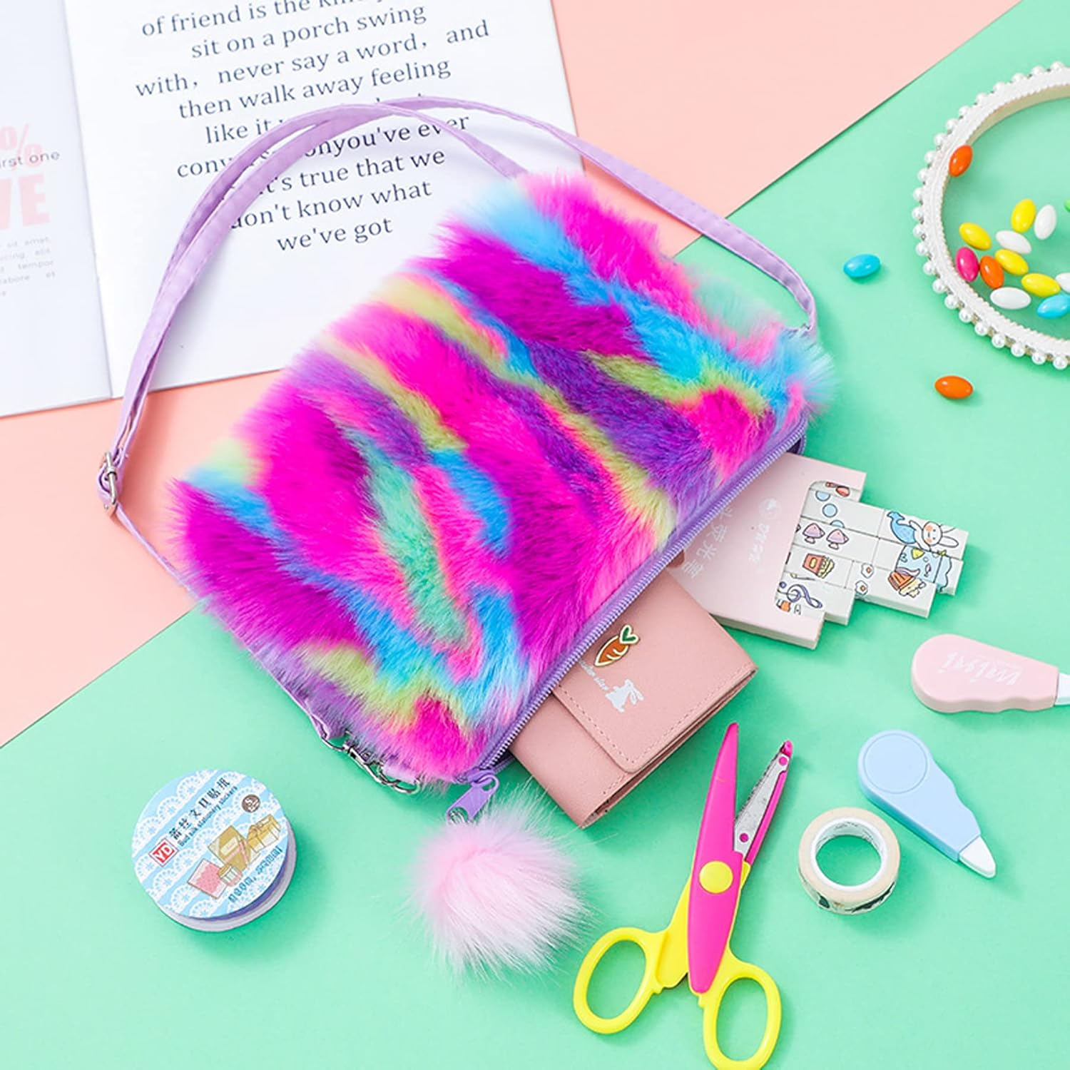 Kids Girls Fluffy Crossbody Purse Fuzzy Bag Plush Tie Dye Rainbow Shoulder Bag Handbag Wallet image number 6