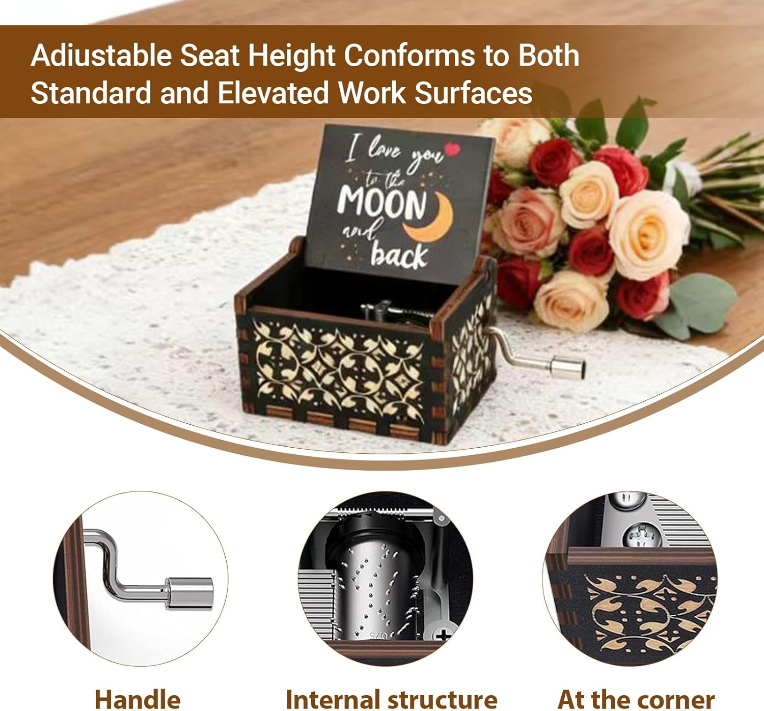 You Are My Sunshine Wooden Hand-Crank Music Box, Vintage Design with &lsquo;I Love You to the Moon and Back&rsquo; Carvings, Wife, Girlfriend, Boyfriend ，Wedding Anniversary, Birthday image number 3