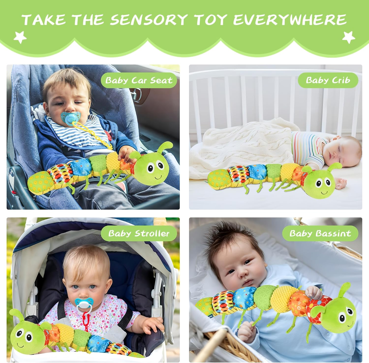 Baby Sensory Toy Stuffed Animal Activity Soft Toys with Multi-Sensory Crinkle, Rattle and Textures, Infant Toy for Tummy Time Newborn 0-3-6-12 Months Boys Girls, Caterpillar image number 4