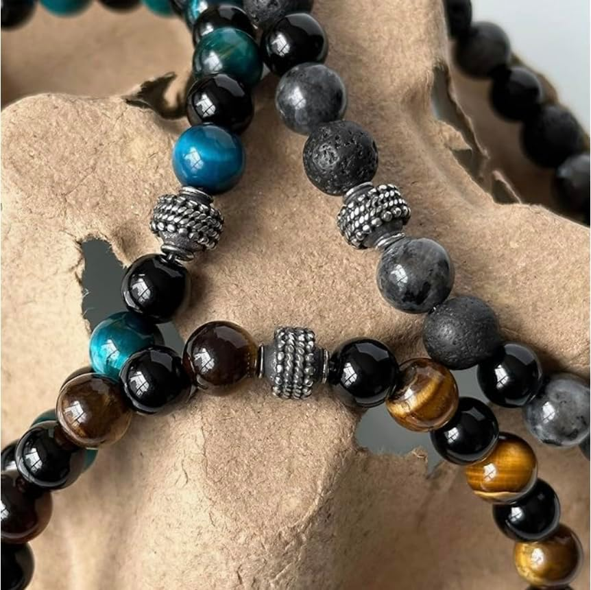 Nature Lava Stone Tigereye Black Brown Green Blue Bead Bracelet | 2 Sizes | Mens Womens Gift Pack Bracelets