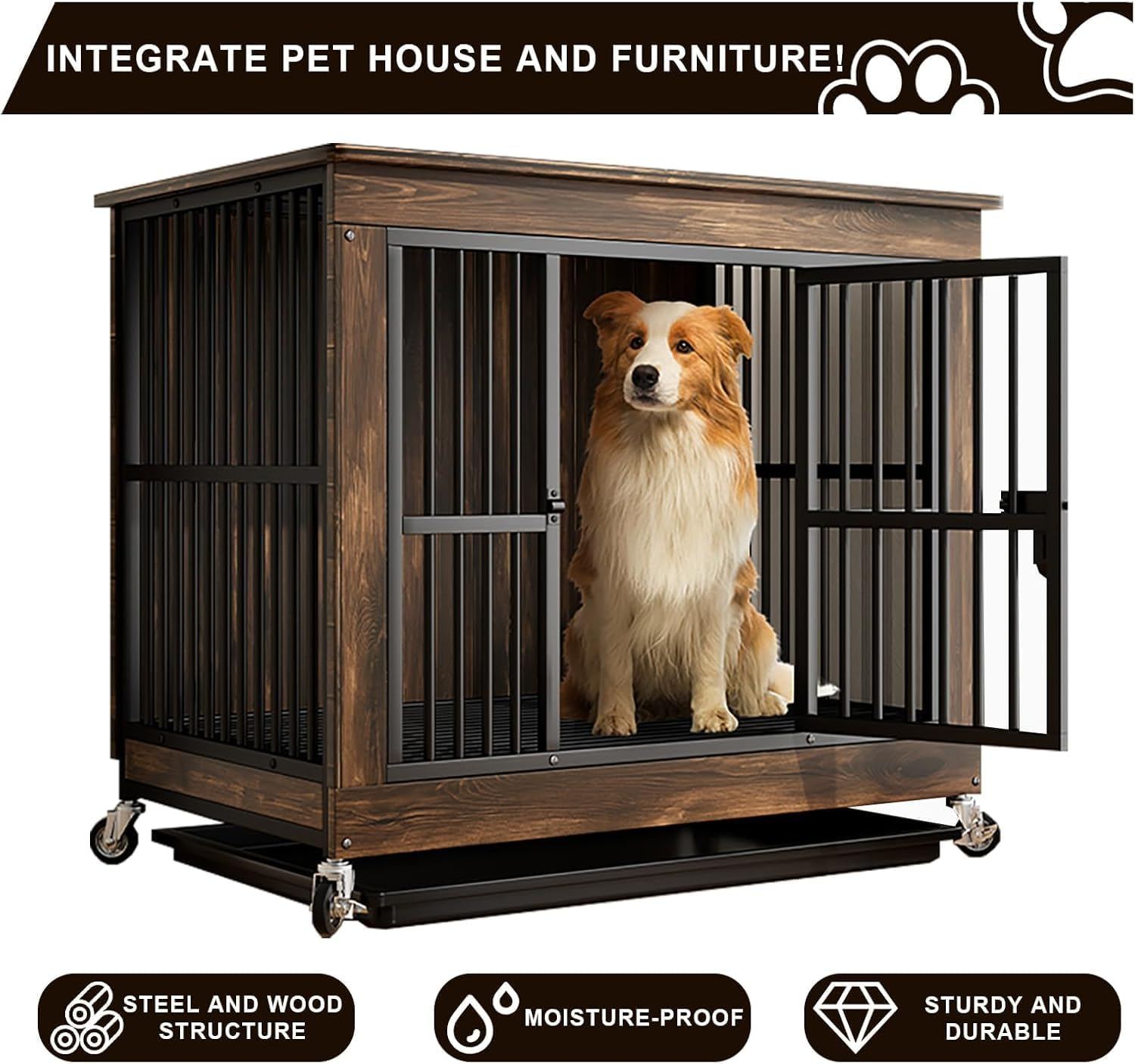 Heavy Duty Dog Crate Furniture, Dog Kennel with Locks and Trays, Chew-Proof Dog Cage for Small Medium Breeds with Wheels and Built-In Top Storage Function, for Living Rooms, Bedrooms, Farmhouses image number 3