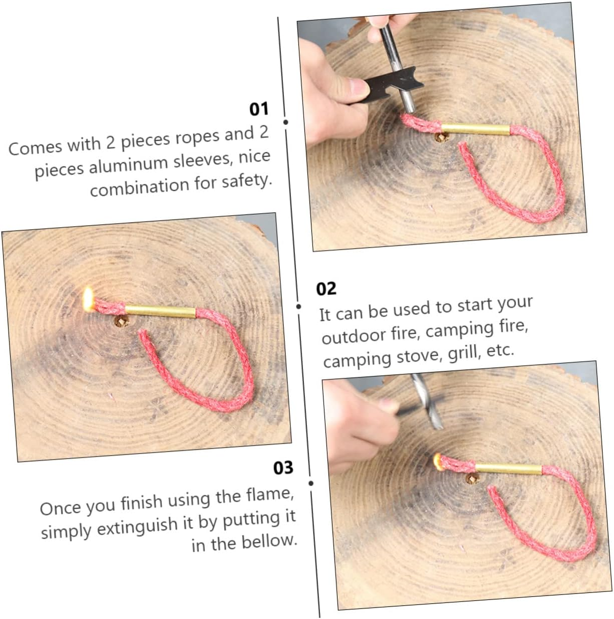 Outdoor Waxed Fire Rope with Aluminum Sleeve 3Pcs, Camping Emergency Fire Starter Wick Cord for Hiking and BBQ Survival image number 6