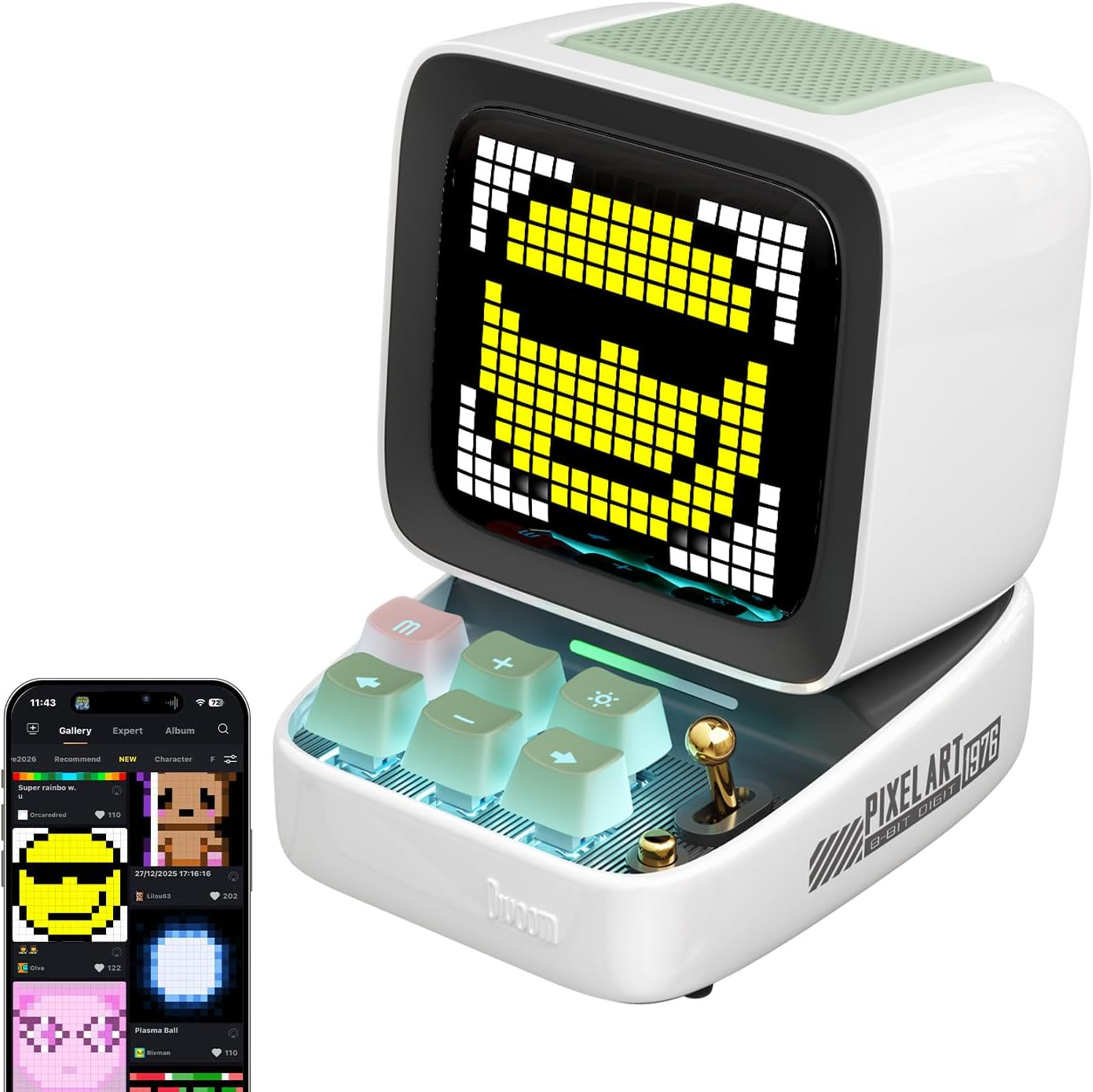 Divoom Ditoo Pixel Art Gaming Portable Bluetooth Speaker with App Controlled 16X16 LED Front Panel, Also a Smart Alarm Clock (White)