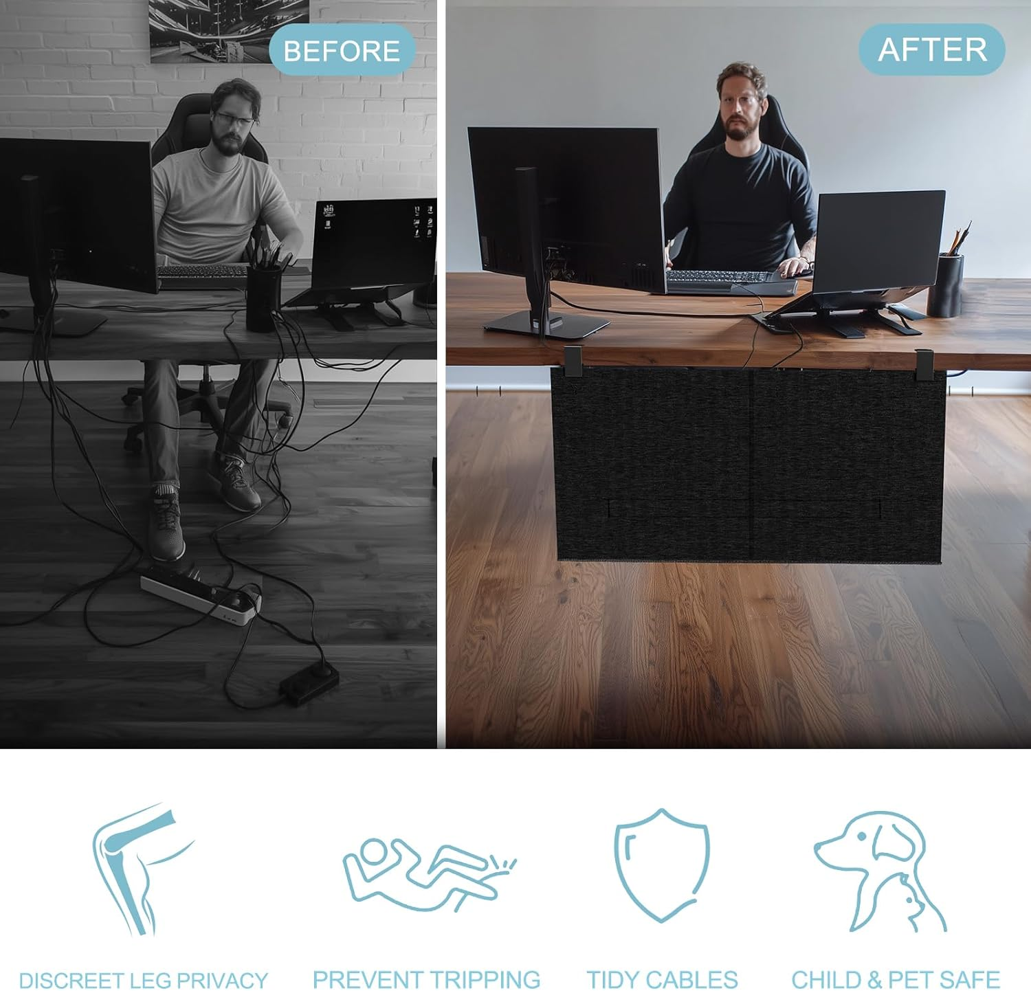 ERGO COLLECT 23.6" Felt under Desk Cable Management Tray with Privacy Panel, Cord Organizer Hides Wires & Power Board, for Home Office Computer & Gaming Desk, Clamp or Screw Mount, Black