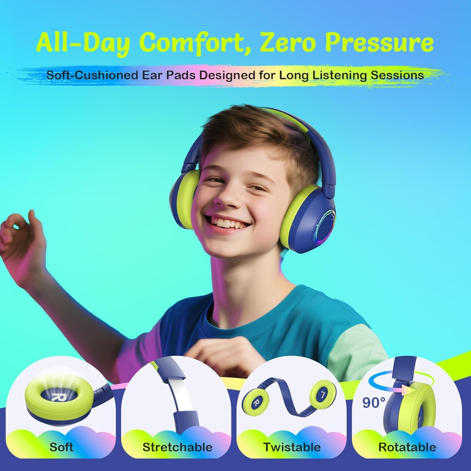 TONOSHARK Noise Cancelling Headphones for Kids, Kids Headphones Wireless, RGB LED Lights, Gaming Headset, 60H Playtime, Bluetooth 5.4, Built-In Microphone for Home/School-Includes Portable Case (Blue) image number 2