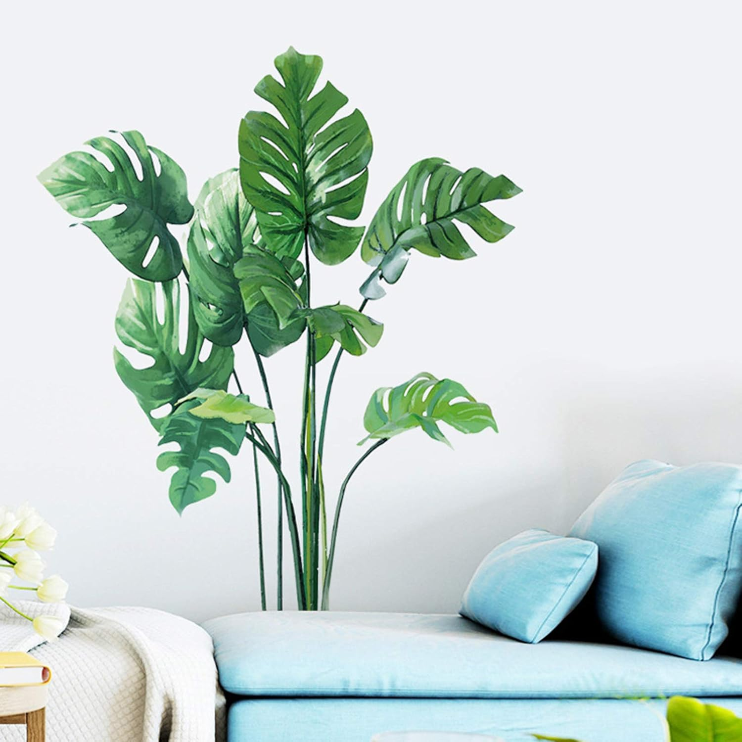 Leaf Wall Decals Monstera Leaf Tropical Plants Wall Stickers for Living Room, Palm Leaf Wall Posters Natural Green Plants Art Murals Vinyl Wallpaper for Bedroom Nursery Office image number 4