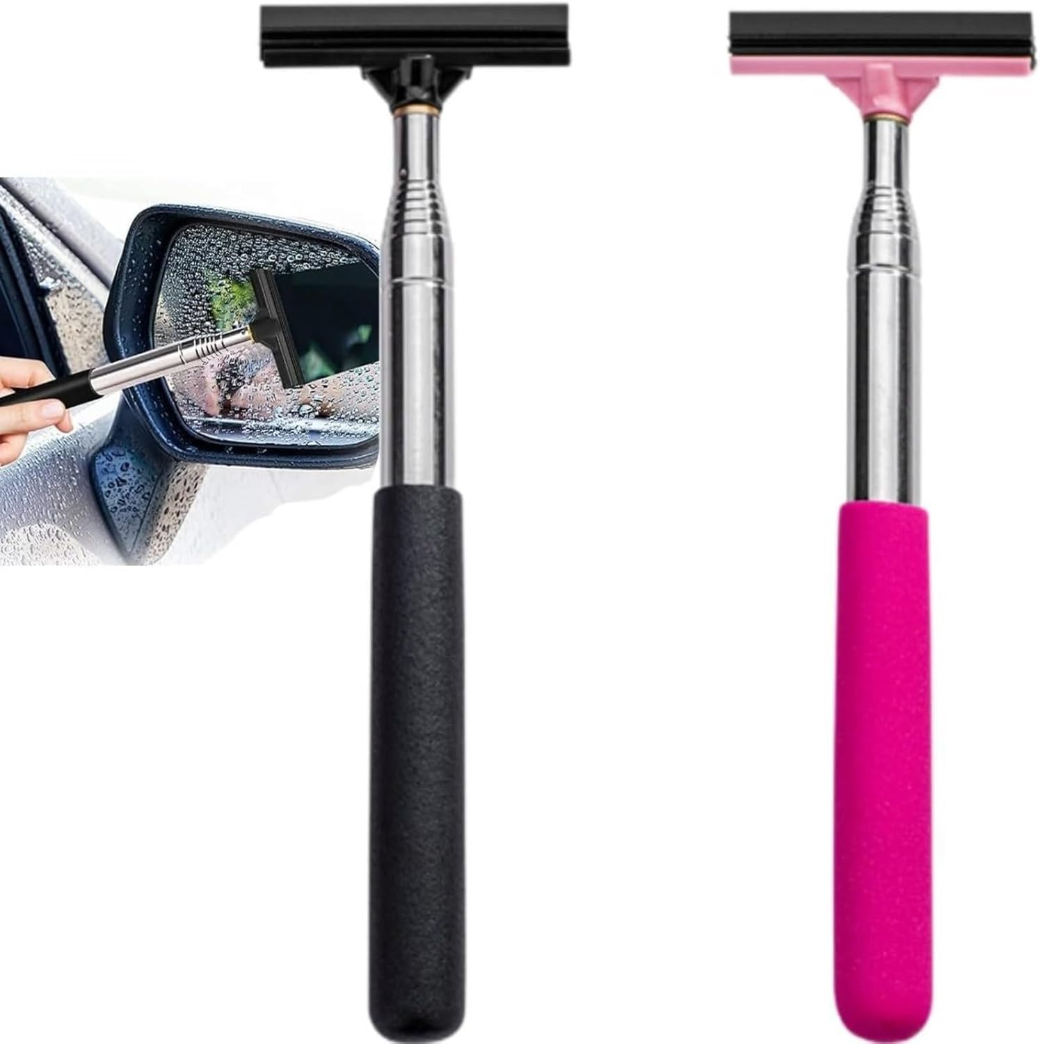 2-In-1 Car Mirror Squeegee, Portable Rearview Mirror Wiper, 98Cm Long Handle Mini Squeegee for Glass Windows (Black + Pink) image number 3