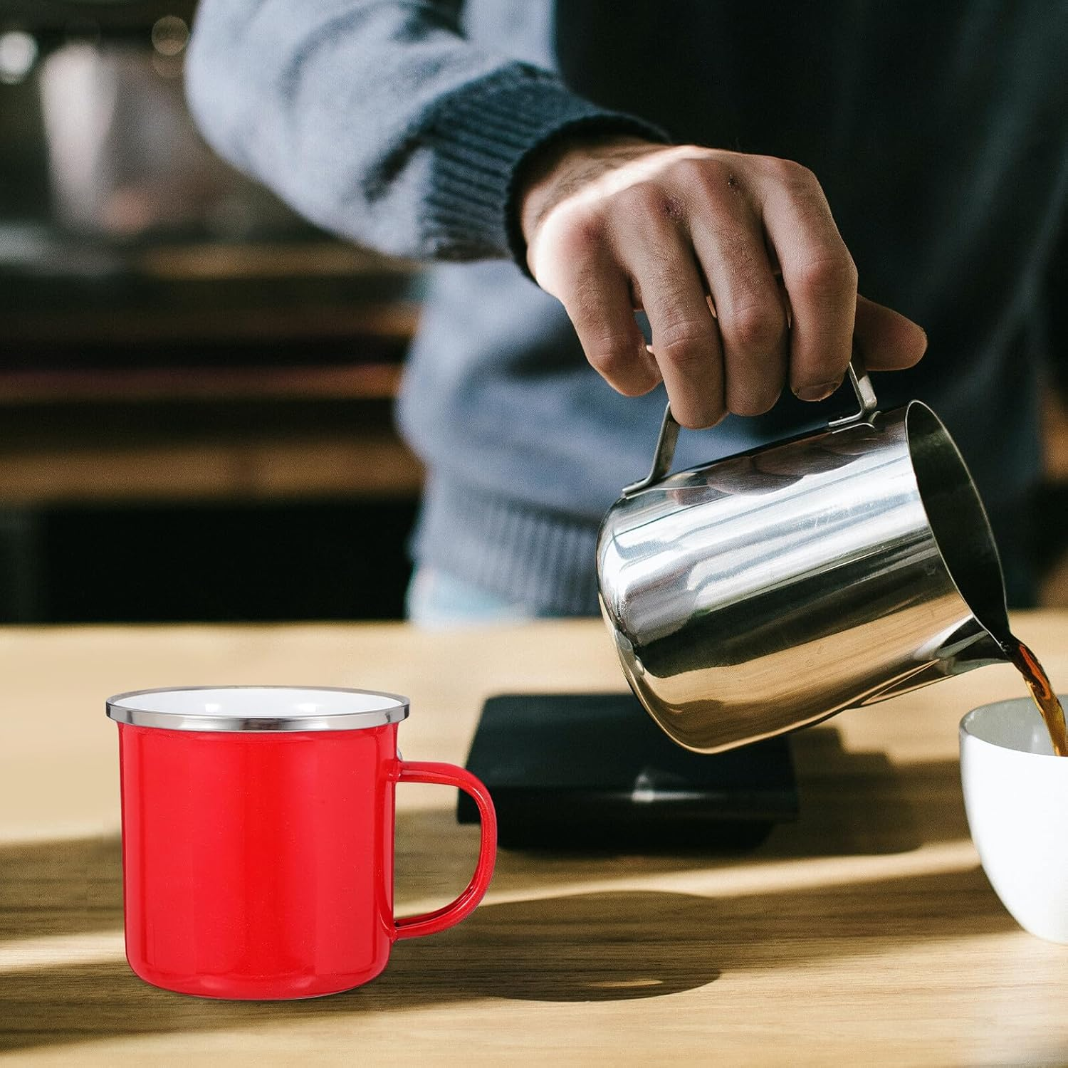 NESTINGHO Enamel Campfire Mug with Burn-Preventing Stainless Steel Rim Insulated Hot Drink Cup for Camping Office Travel Iron Enamel Construction for Coffee Tea and More image number 5