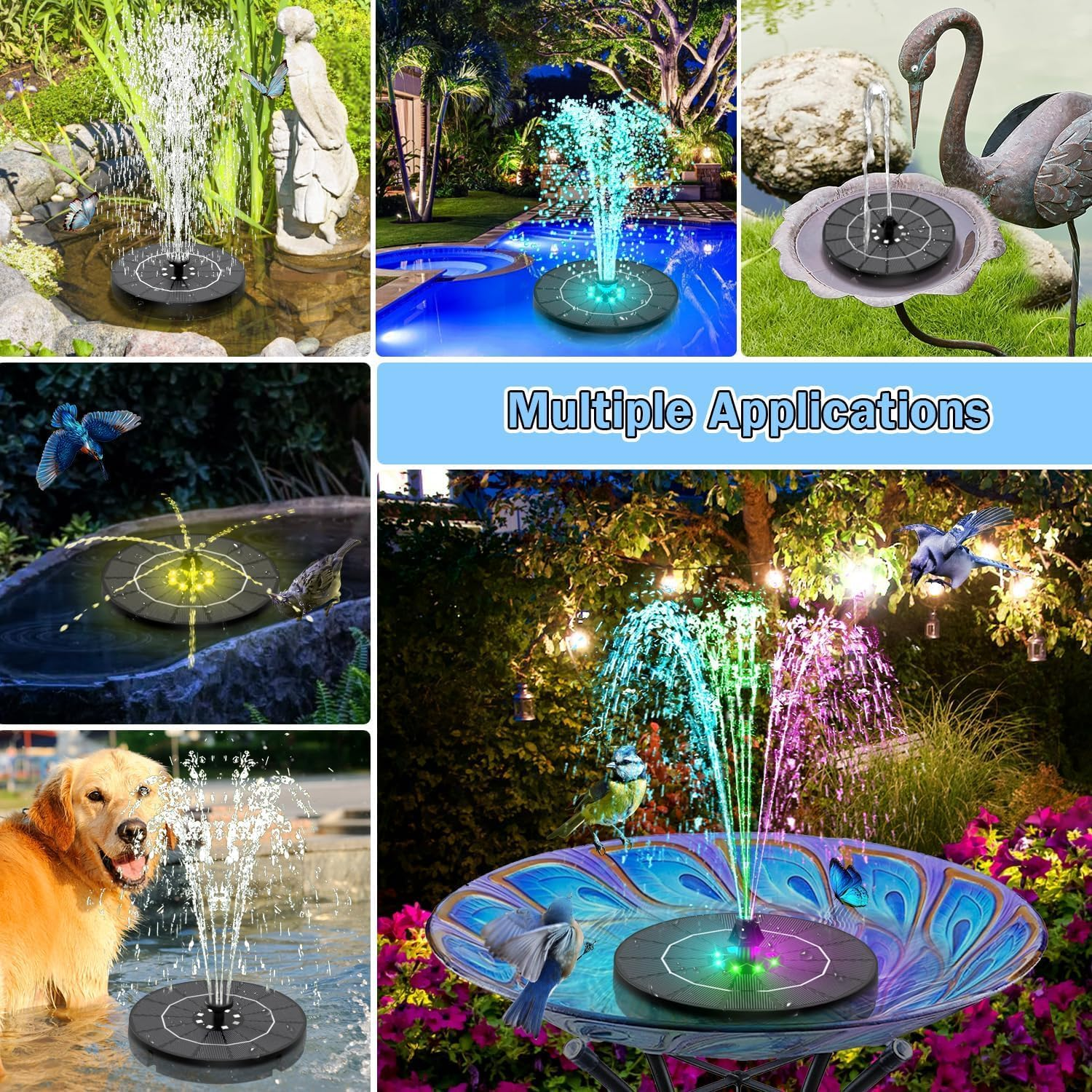 Solar Fountain Water Pump with 7 Color LED Lights, Upgrade 2.5W Solar Fountain with 7 Nozzle, Free Standing Floating Solar Powered Water Fountain Pump for Bird Baths, Ponds, Patios, and Pools