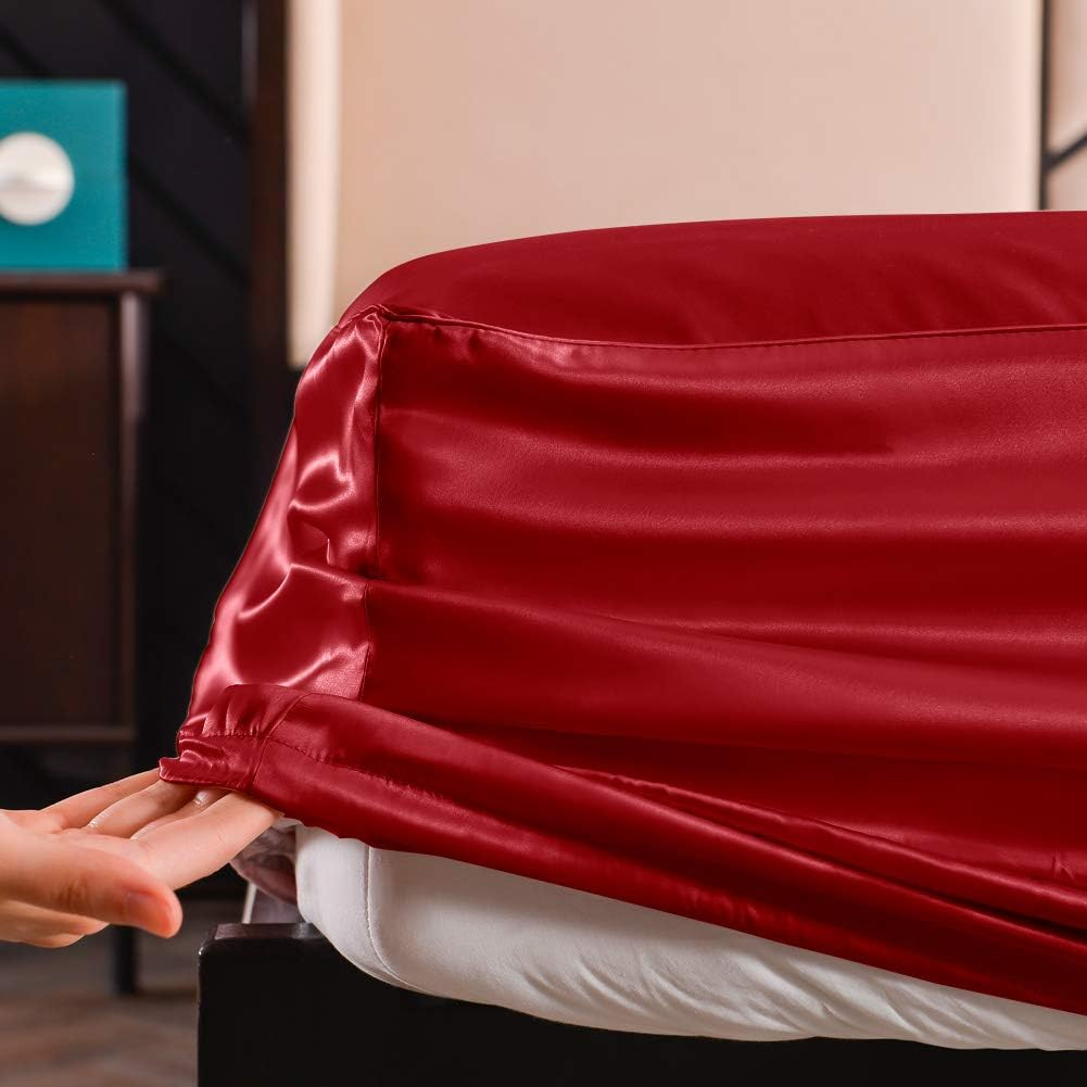 THXSILK Fitted Sheet, Silk Flat Sheet, 160 X 200 Cm, Red Silk Flat Sheet, 100% Pure 19 Momme Mulberry Silk Bed Linen, Fitted Sheet for Standard Mattress, 30 Cm