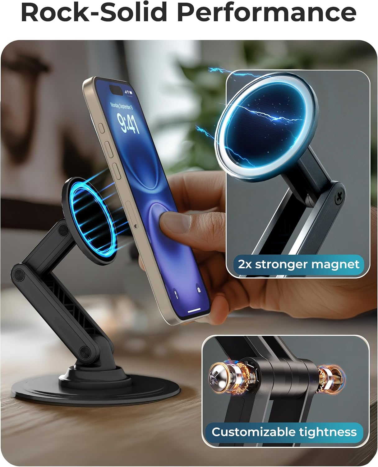 COOPER Mag360, Magnetic Phone Stand for Desk Compatible with Magsafe Phone Holder, 360&deg; Adjustable, Iphone Desk Stand for Iphone 17 Pro Max/16/15/14/13/12, Incl 1 Metal Ring for Other Phones - Black