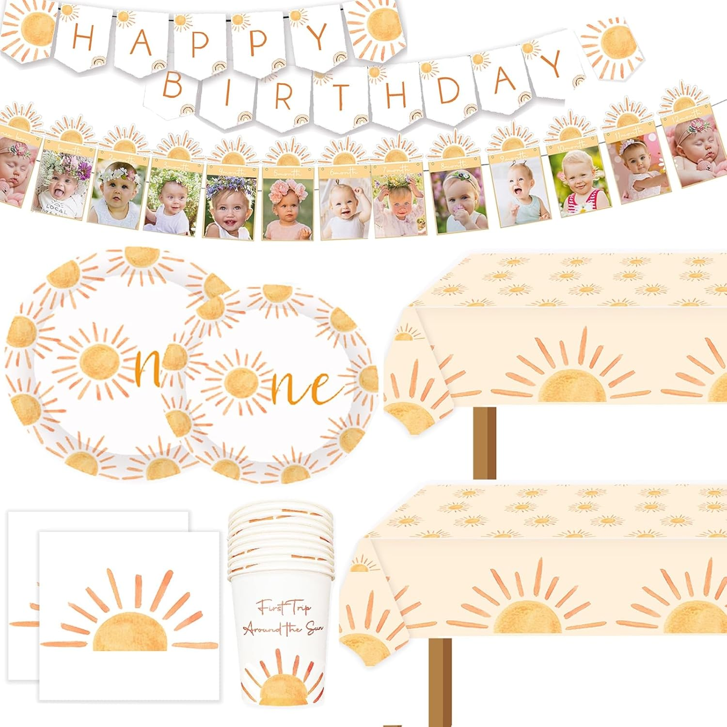 First Trip around the Sun Boho Sun 1St Birthday Decoration - 102Pcs Paper Plates, Napkins, Cups, Table Cloth - You Are My Sunshine Party Supplies image number 5