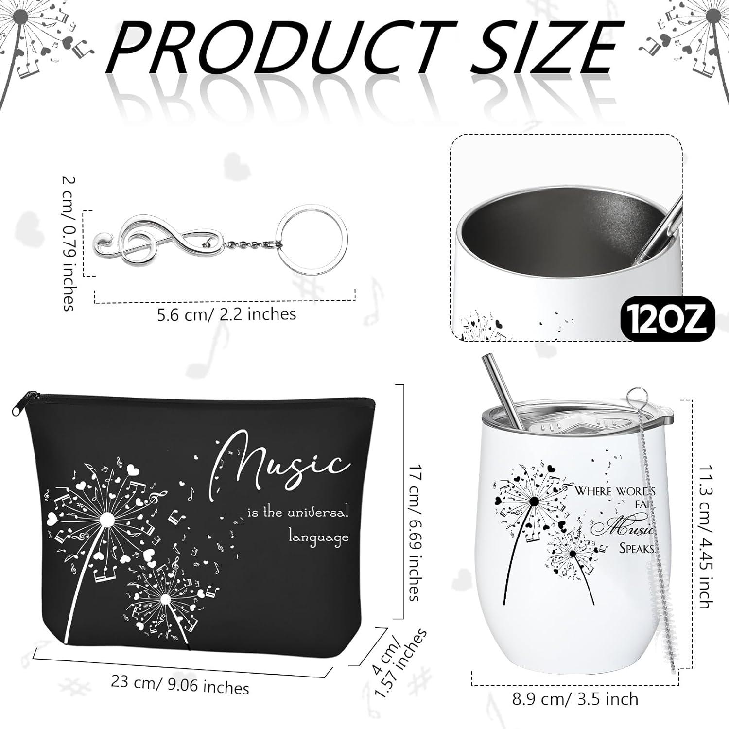 Sieral 12 Oz Music Themed Wine Tumbler & Cosmetic Bag & Keychain Set for Music Lovers & Teachers image number 1
