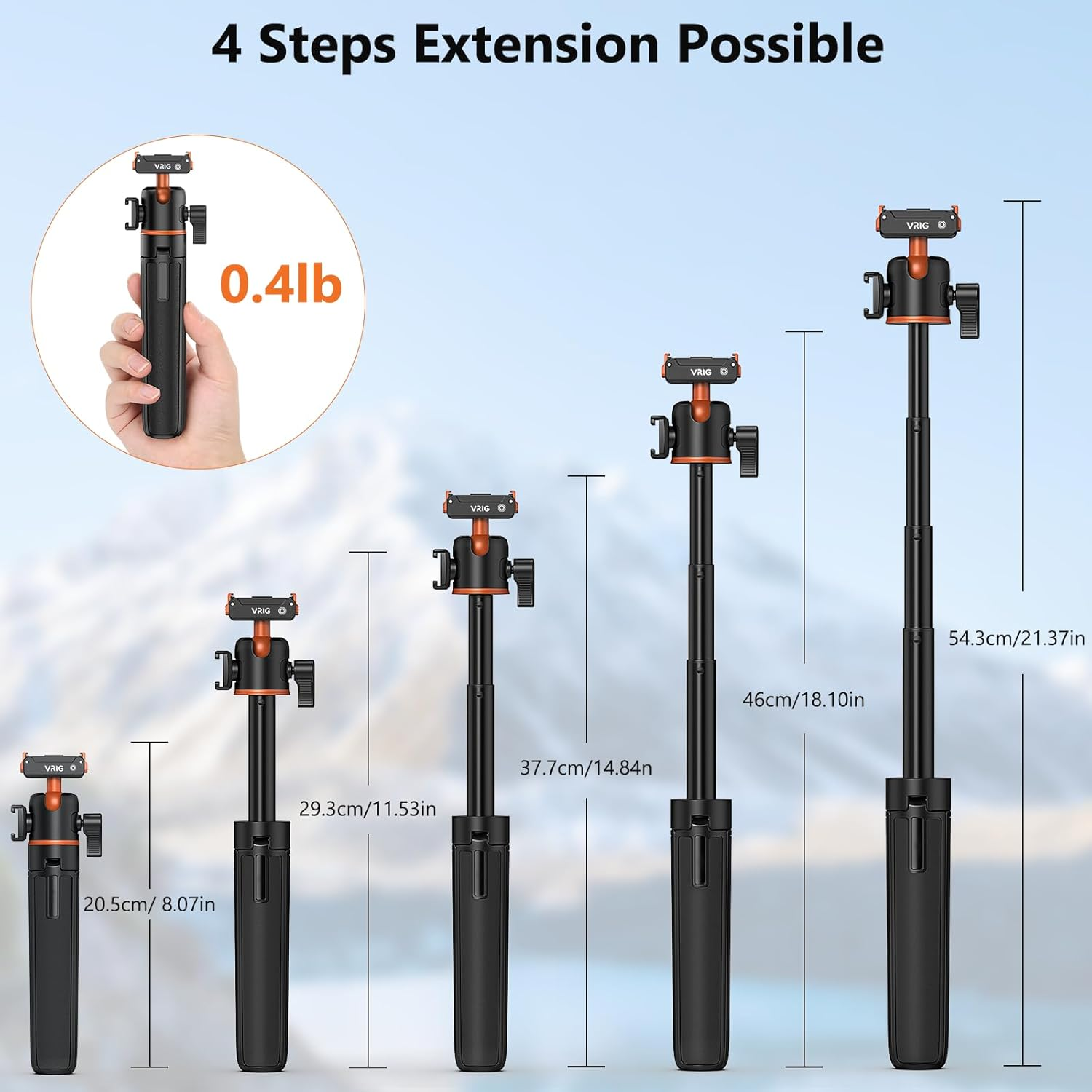 VRIG Action Camera Selfie Stick Tripod for DJI Osmo Nano/Action 6, Dual-Direction Magnetic Quick Release Adapter 360&deg; Ball Head & Cold Shoe Mount, 8 to 21 Inches Extendable Rod, AC-40N