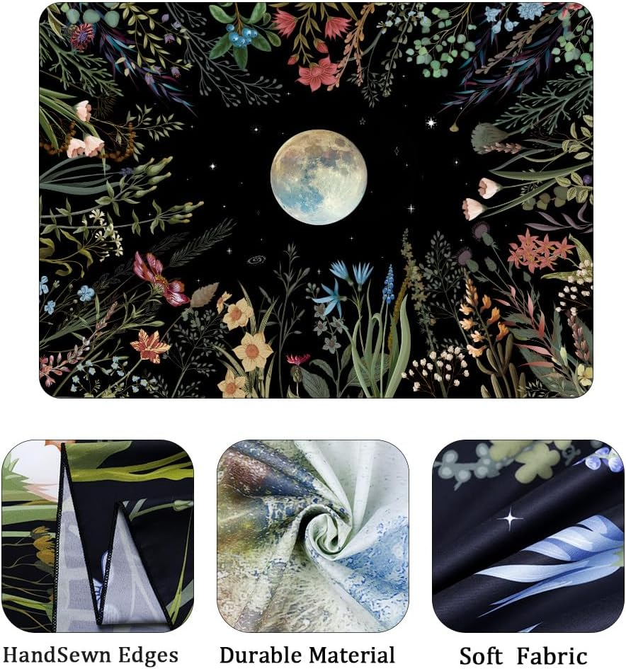 Moonlit Garden Tapestry Boho Moon Tapestry Floral Flower Tapestries Colorful Plants Tapestries Black Wall Hanging Decor for Home