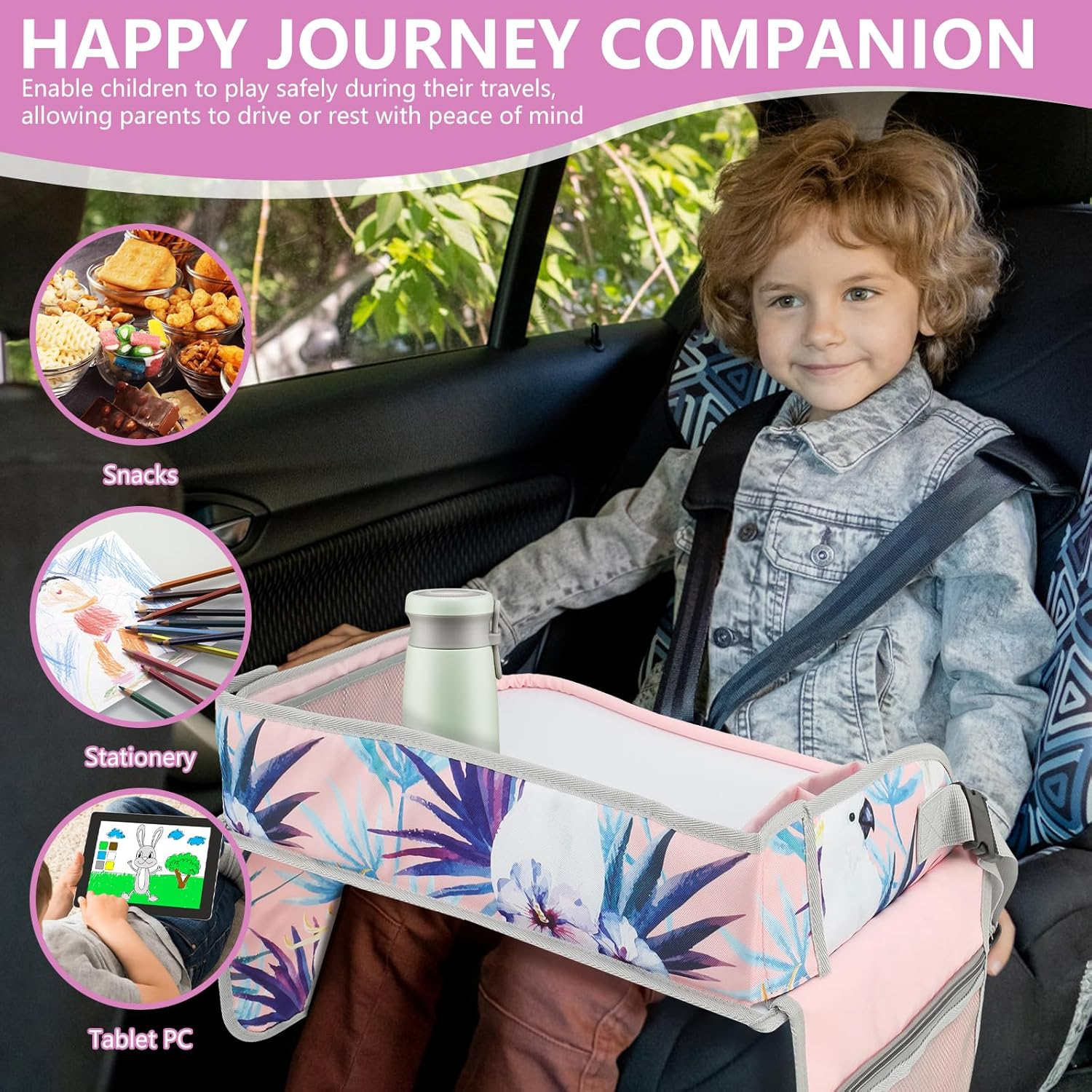 Fwqofvk Car Seat Tray, Kids Travel Tray for Car, Easy to Install Car Seat Table Tray, Portable Car Lap Tray with Adjustable Shoulder Strap and Pocket for Kids Road Trip Activities (Pink) image number 4