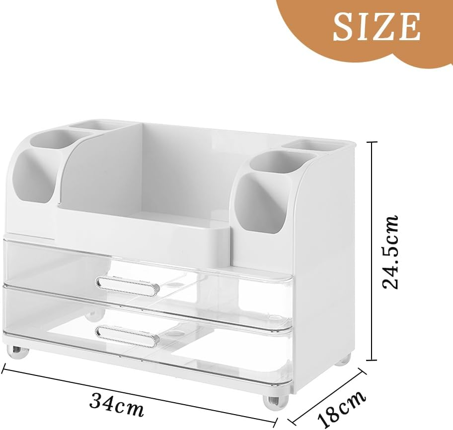 Dressing Table Cosmetic Storage Box with Two Large Drawers for Lotions, Lipsticks, Perfumes, Etc. Suitable for Bathroom, Makeup Table, Office, Bedroom (White)