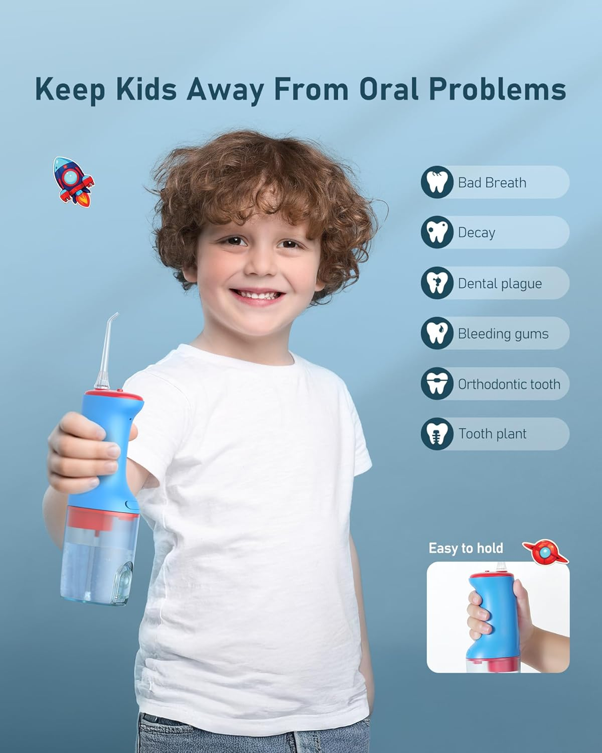 Lillilook Kids Water Flosser, Portable Waterproof Oral Irrigator Water Teeth Cleaner Pick, 4 Modes for Ages 6+, Rechargeable with 3 Jet Tips Blue image number 6