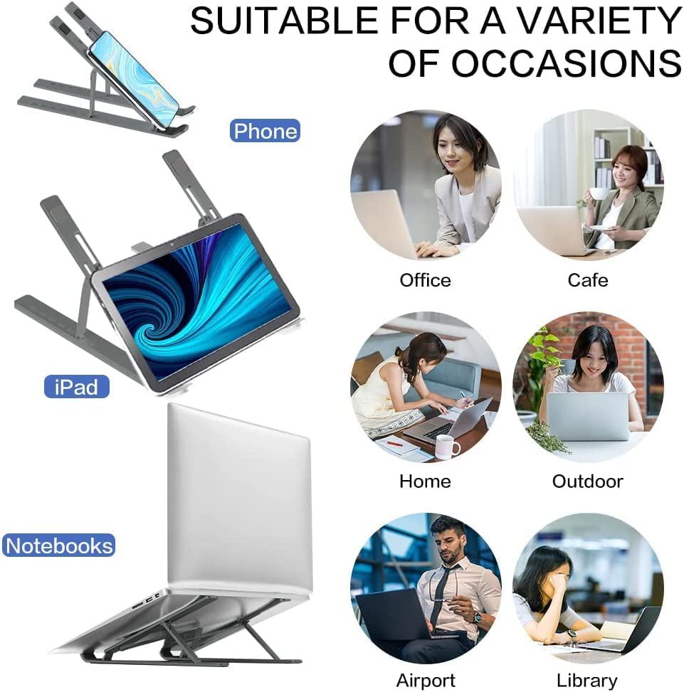 Ixtra Laptop Stand for Desk,Foldable Portable Anti-Slip Aluminum Laptop Holder with 7 Levels Height Adjustment Laptop Riser Compatible with Macbook,Ipad,Dell,10-16&rdquo; Laptops(Grey) image number 2