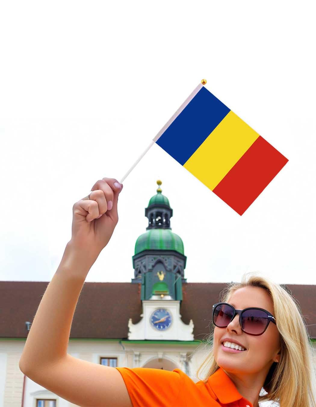 25 Packs Small Romania Flags on Handheld Stick，Miniature Romanian Flag for Outside,4X6 Inch Mini Hand Held Banner with Golden Topper,Patriotic Decorations image number 3
