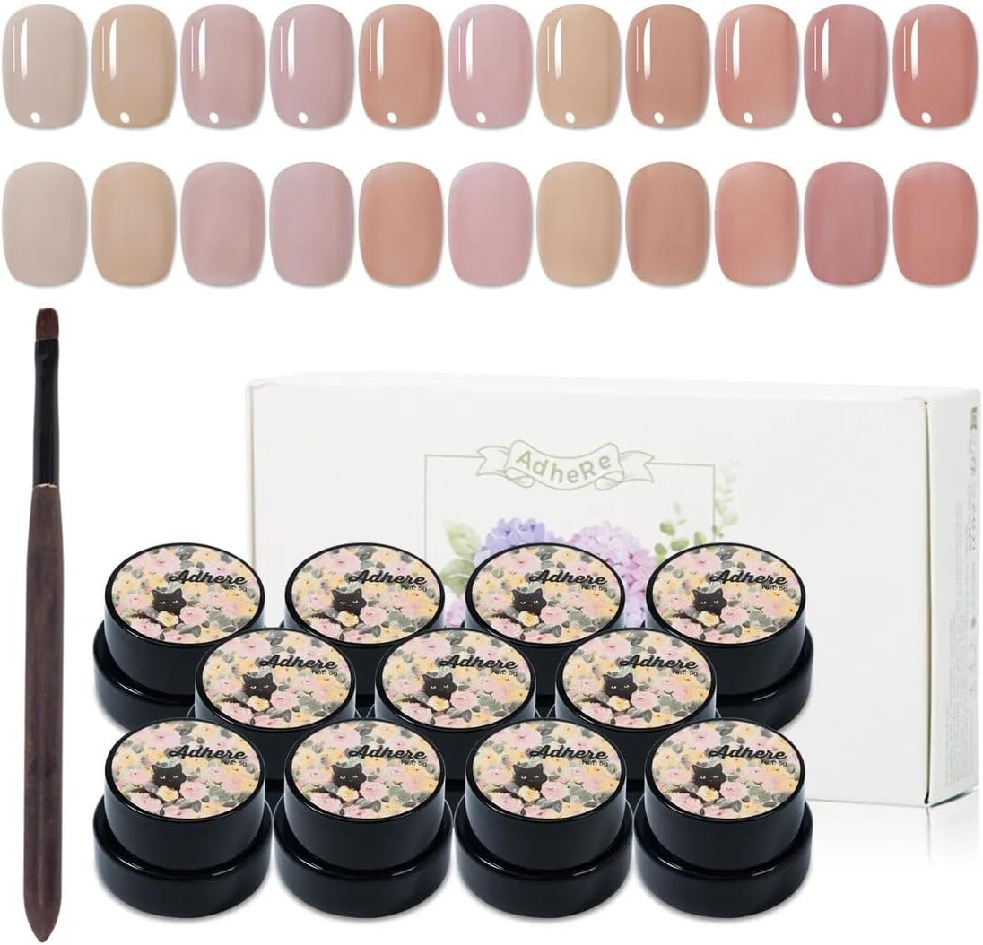 ADHERE 11Pcs Nude-Pink Kit with Nail Brush, UV LED Gel Nail Polish, Soak off Nail Varnish Gel Polish for Manicure Salon DIY Design at Home - Classic Black  White Collection image number 7
