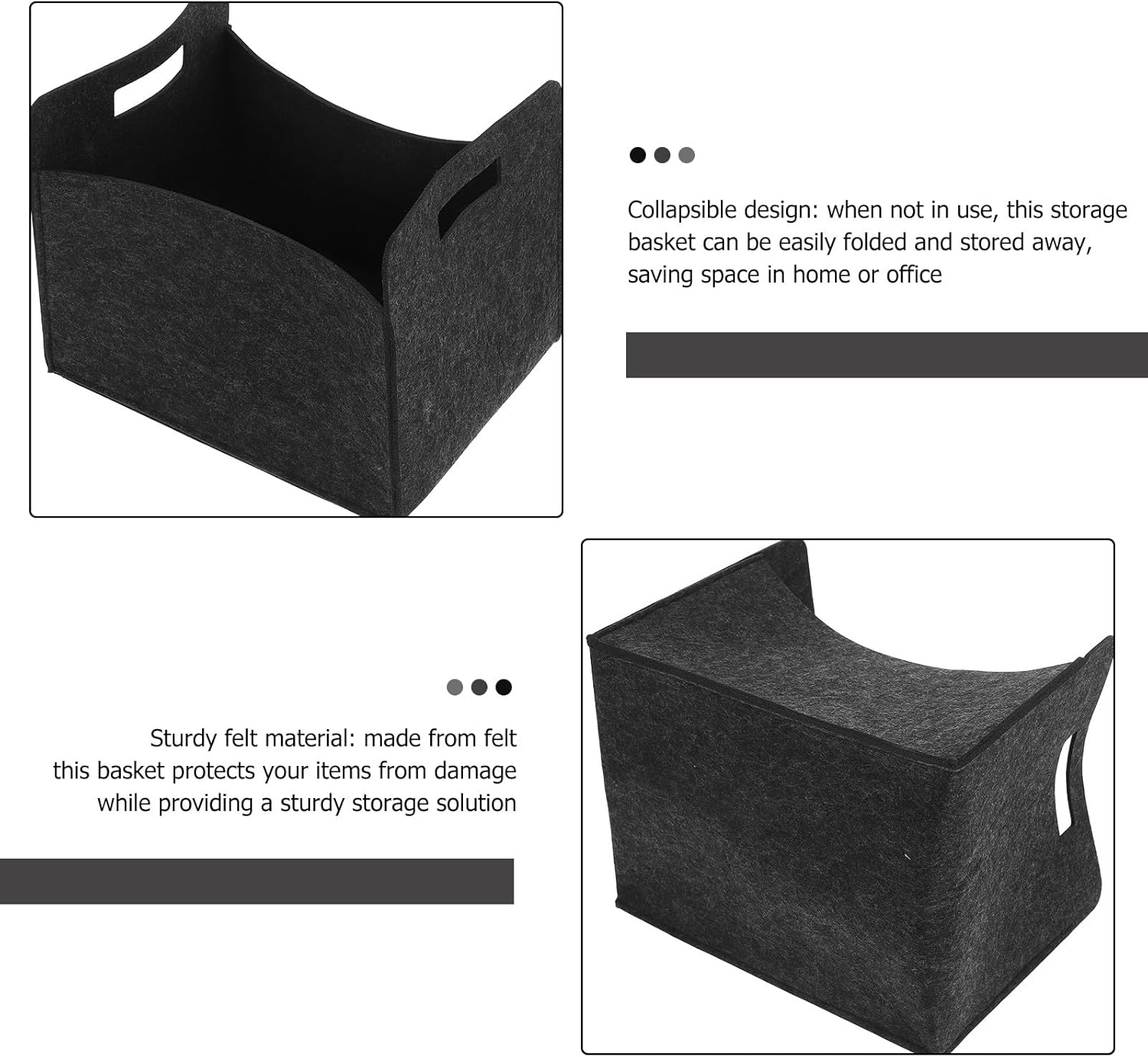CHICAMPERA Foldable Felt Storage Basket with Handles, Collapsible Fabric Bin for Books, and Office Organization, Deep Grey Felt Basket for Home, Classroom, and Shelf Storage image number 2