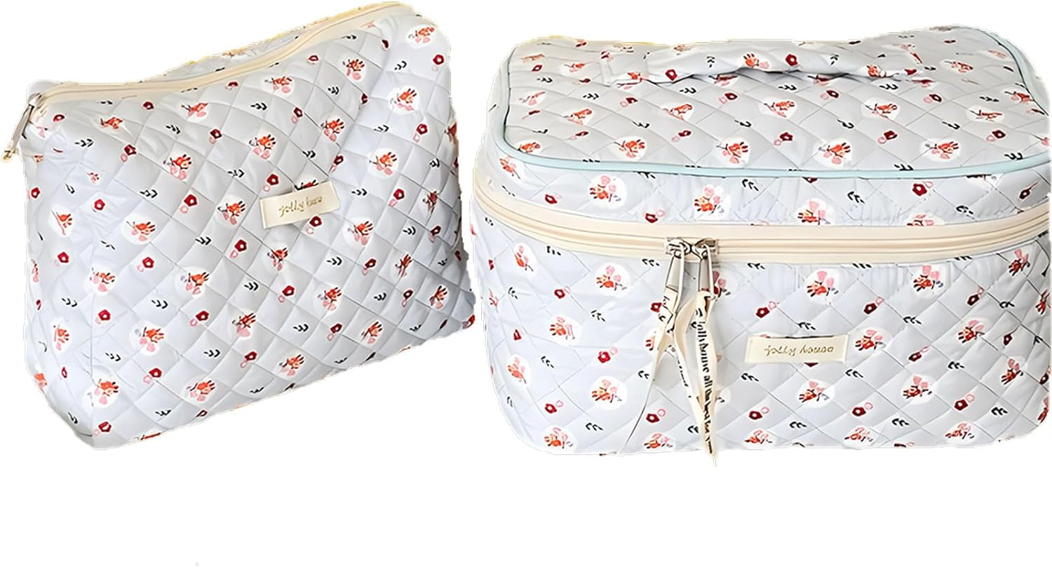 Makeup Bag Floral Cotton Large Travel Cosmetic Quilted Pouch Coquette Aesthetic Toiletry for Ladies Girl Multifunction Storage Bag, Beige, (YJL-DRLSHHZB-01)