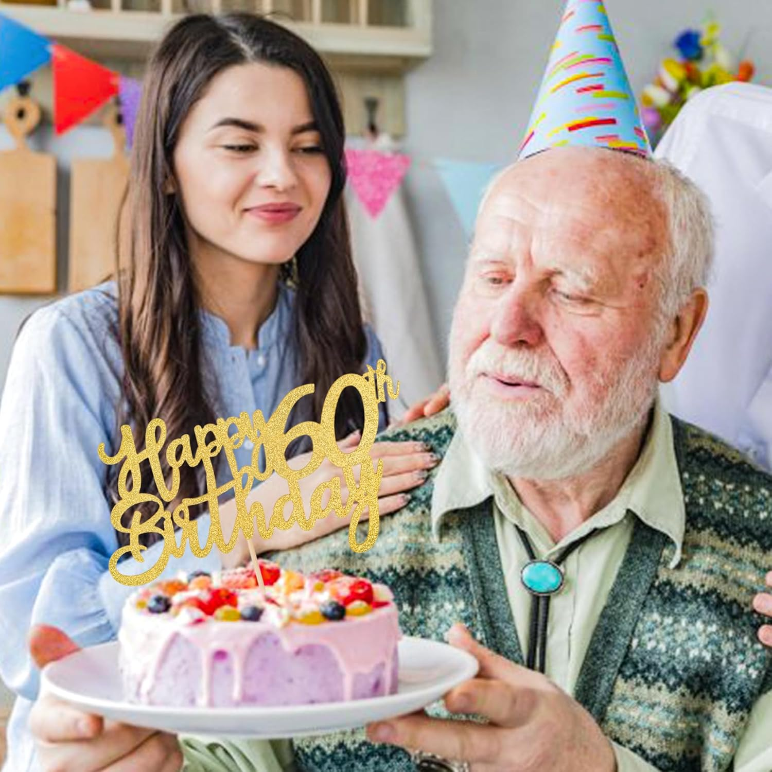 2 PCS Gold Happy 60Th Birthday Cake Topper Glitter, Cheers to 60 Years Birthday Cake, Happy Birthday Cake Decorations Supplies, Pick 60 Fabulous Cake Decoration for Happy 60Th Birthday image number 3