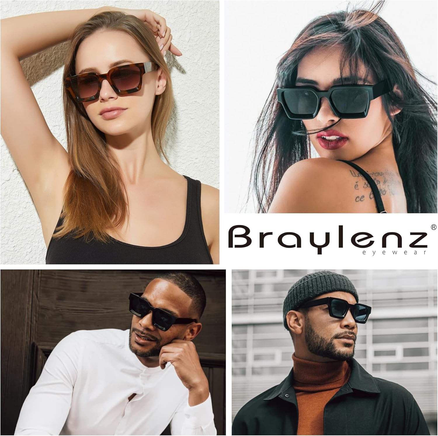 Braylenz Retro Square Sunglasses for Men Women Thick Frame Chunky Rectangle Shades image number 6