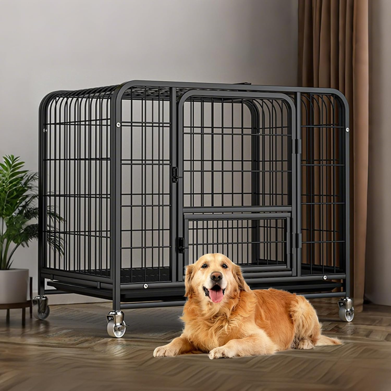 Uandhome 95Cm Heavy Duty Indestructible Dog Crate,Escape Proof Dog Cage Kennel, Extra Large Crate Indoor for Large Dog,High Anxiety Double Door,Lockable Wheels,Removable Tray image number 2