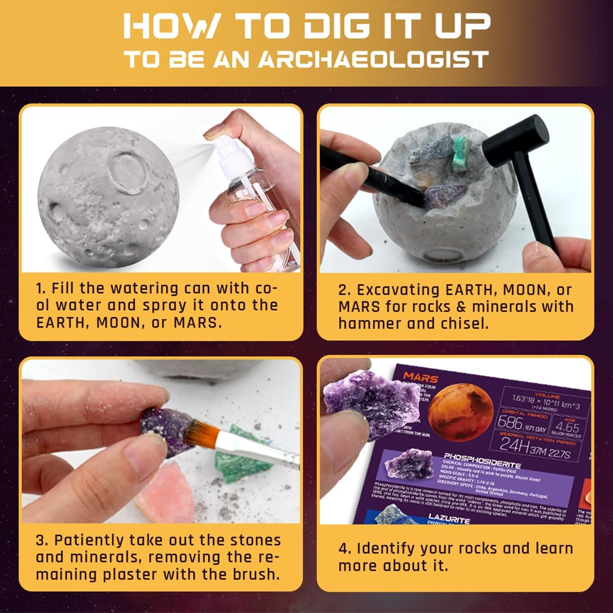 Gemstone Dig Kit, Dig up 15 Rocks & Minerals from Earth Moon Mars, Solar System Planets Geology Science Set, Space Rock Mining Toys for Kids, STEM Toy for Boys & Girls Age 6-8-12 image number 3
