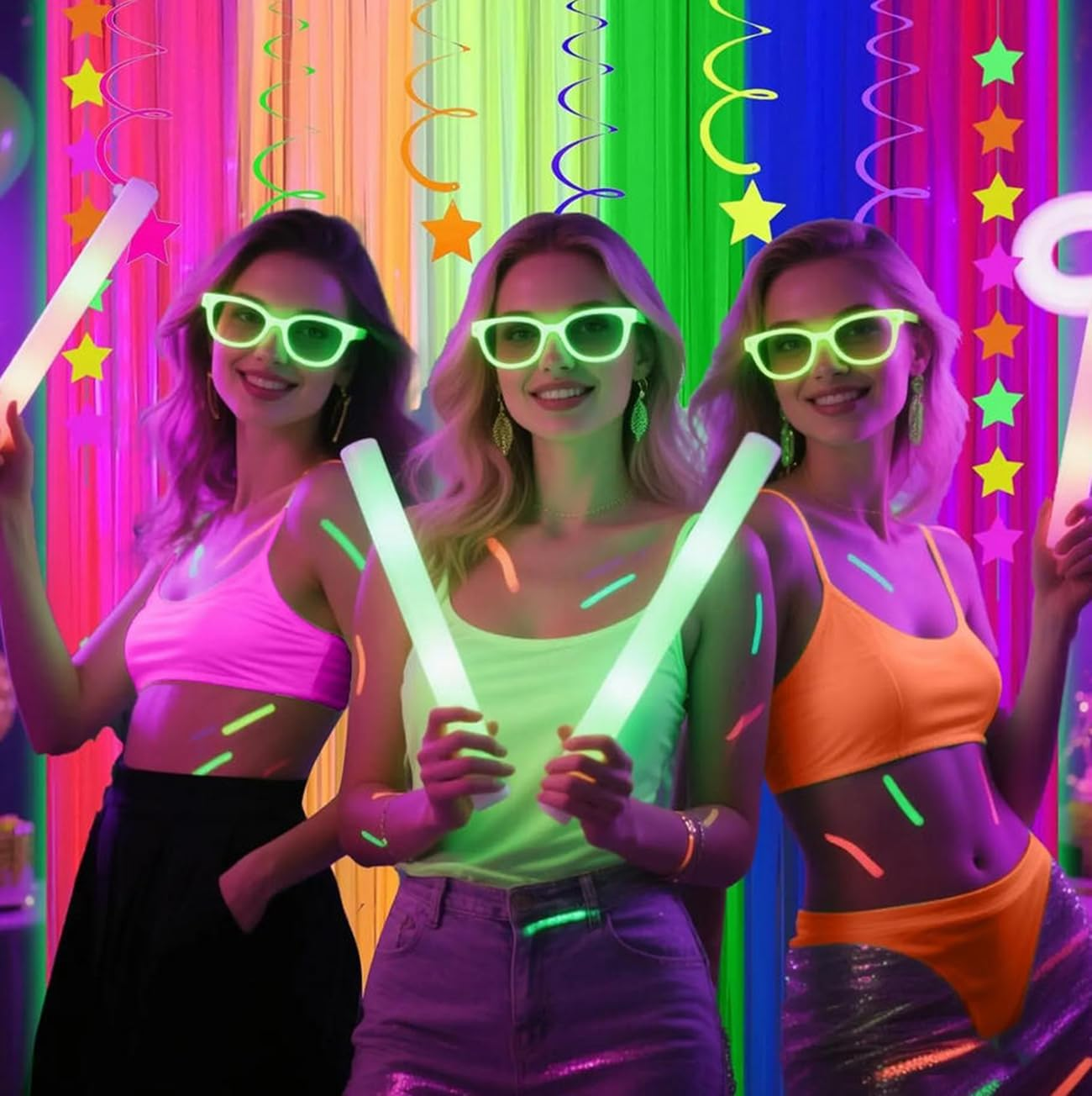 3Pack Matching Foil Fringe Curtain Backdrop Glow in the Dark Party Supplies Fluorescent Macaron Tassel Curtain Photo Booth Props Background Streamers Party Decoration image number 4