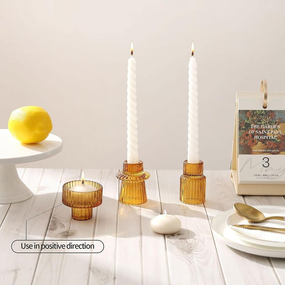 Maxblaster Amber Glass Candle Holder, 3Pcs Conical Glass Candle Holders for Taper Candle Stand, Elegant Dinner Party Decorations, Candlestick Holders for Wedding, Festival, Dinning&Party - Transparent image number 7