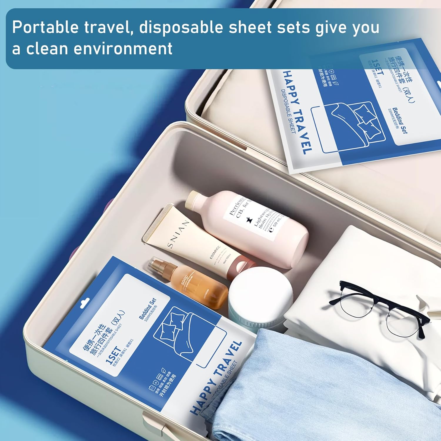 EKIND Disposable Sheet and Pillowcase Set, Hotel, Camping Portable 4 Pcs Double Bed Travel Hygiene Set, Soft, Eco-Friendly, Wash-Free Bedding Set. image number 2