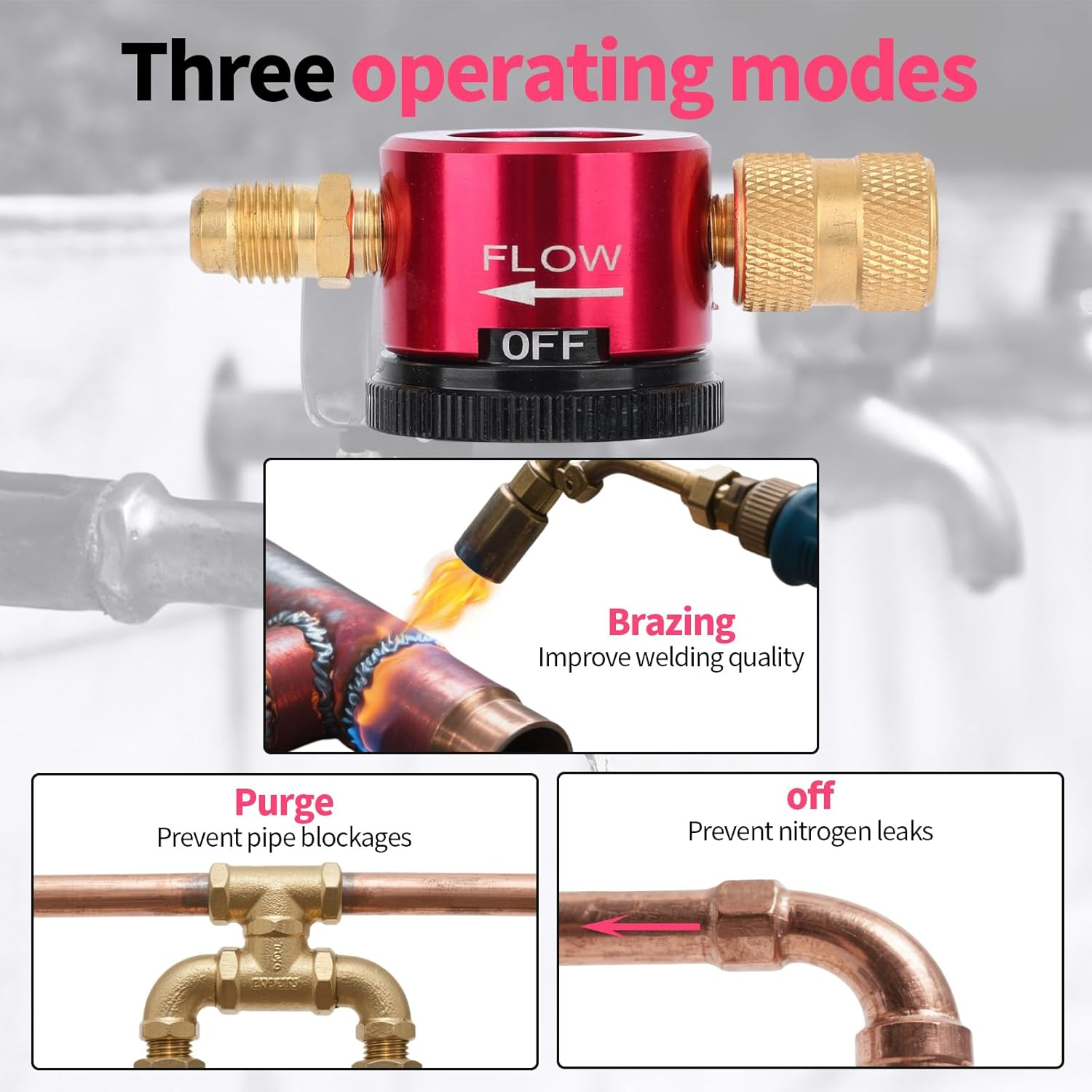 Brass Nitrogen Purge Tool for HVAC, 3-Mode Nitrogen Braze Flow Regulator Adapter with 1/4" Flare Connection, Essential HVAC Brazing and Maintenance Equipment
