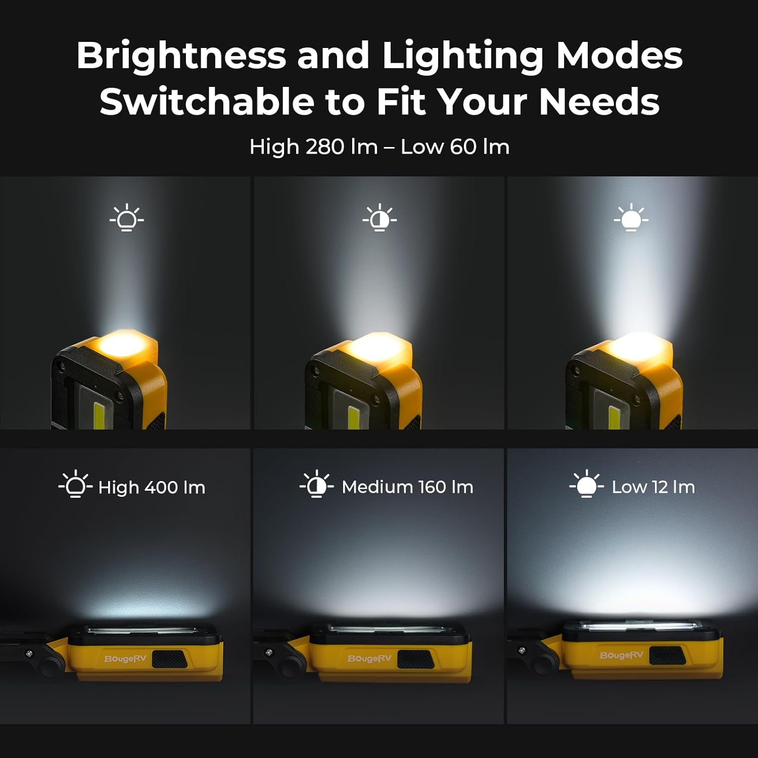 Bougerv WL01 LITE Work Light Rechargeable, 400 Lumens Magnetic Torch, Portable Inspection Light with 180&deg; Rotating Stand & Hook, Multiple Lighting Modes for Car Repair, Camping, Outdoor, Emergency image number 2