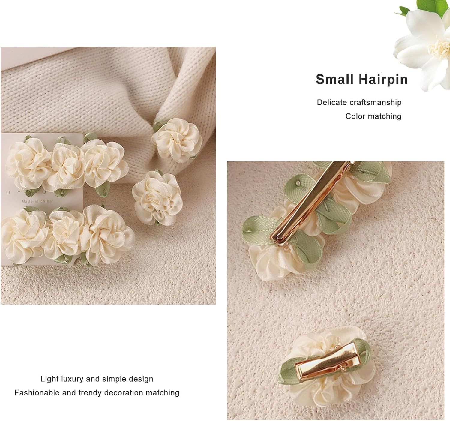 12 Pieces White Mini Rose Hair Clips Jasmine Flower Hair Clips Headdress Vintage Hair Pins for Party Wedding Daily Wear