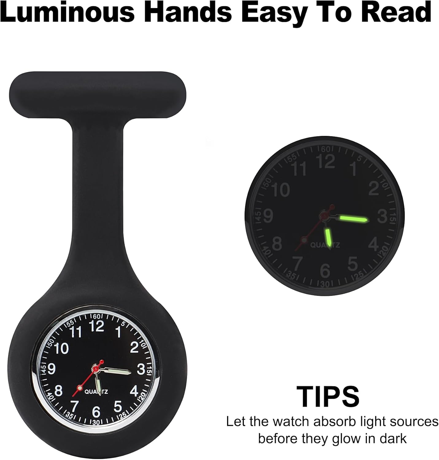 JUNART 2Pcs Nurse Watch Brooch Silicone Band with Pin Clip Luminous Hand, Detachable Fob Watch Easy to Sanitise for Hospital Nurse Doctor, Clinic and on the Go